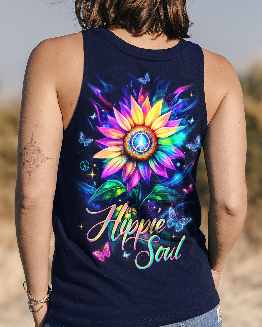 Hippie Soul Sunflower Colorful Butterflies Peace Flower Graphic AOP Shirts _7_ Kthje