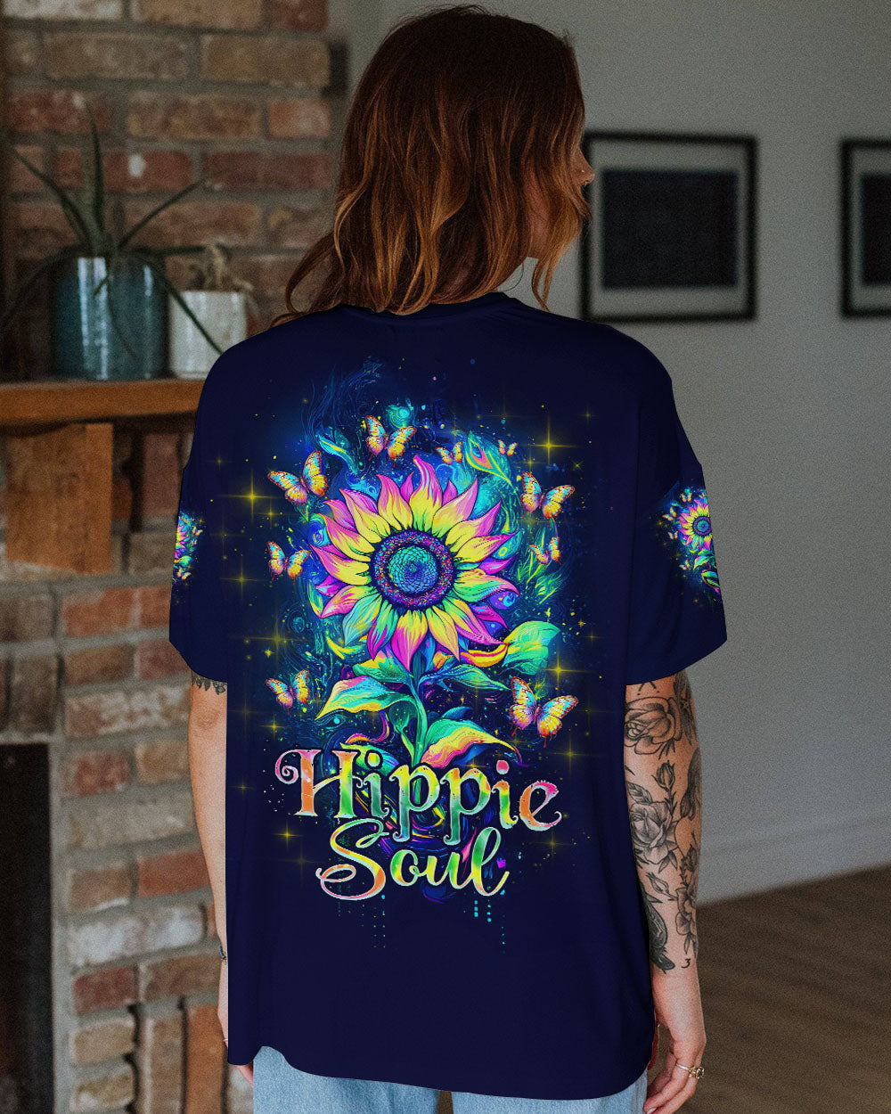 Hippie Soul Sunflower Trippy Psychedelic Butterfly Graphic AOP Shirts _1_ oyFC4