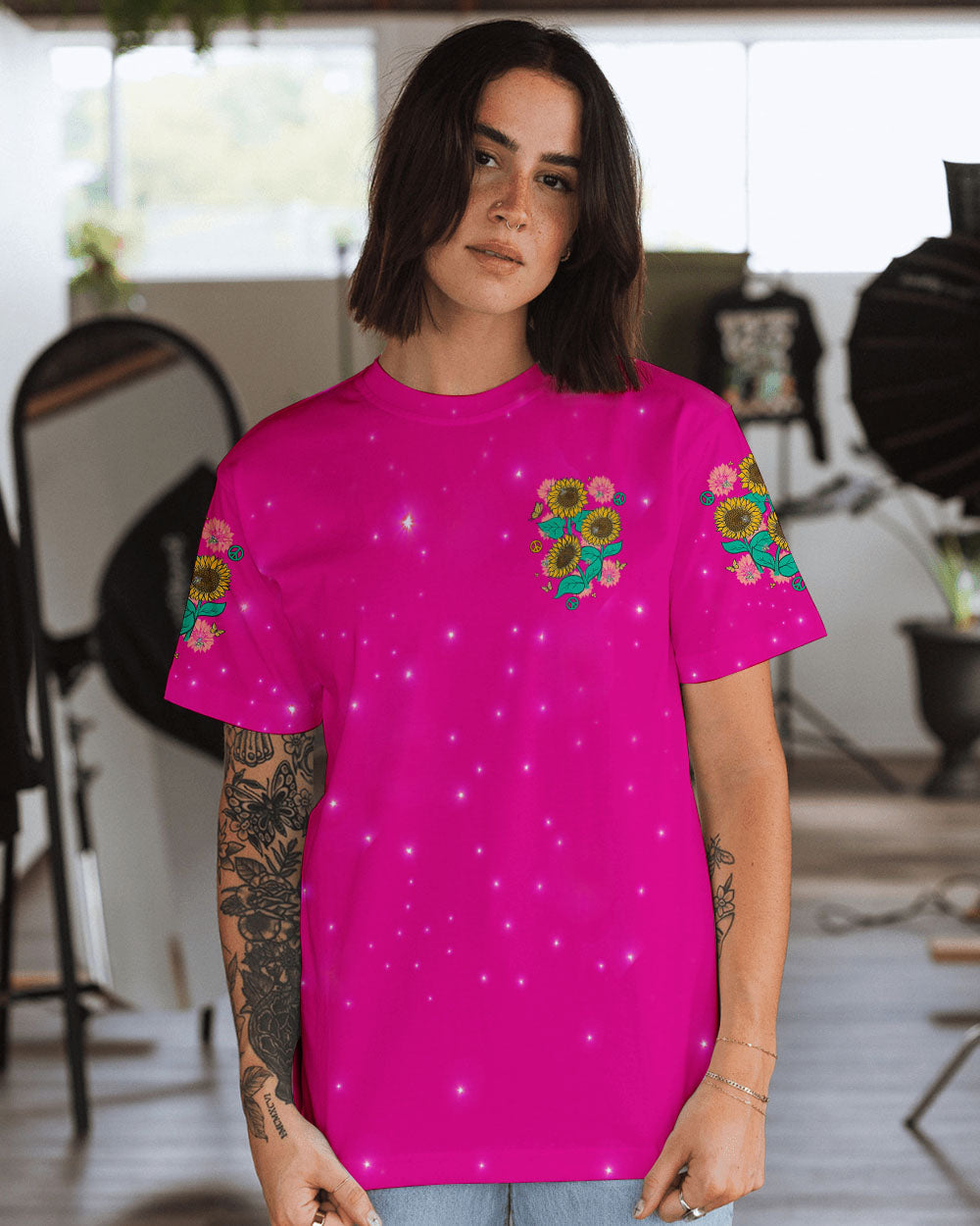 Hippie Soul Sunflowers with Peace Signs Bright Pink Graphic AOP Shirts _10_ EIotr