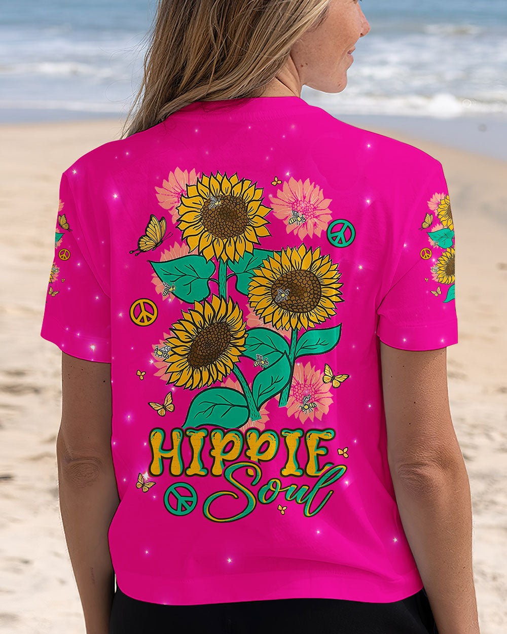 Hippie Soul Sunflowers with Peace Signs Bright Pink Graphic AOP Shirts _13_ s0szH