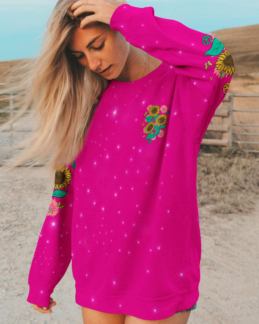 Hippie Soul Sunflowers with Peace Signs Bright Pink Graphic AOP Shirts _2_ Th4NB