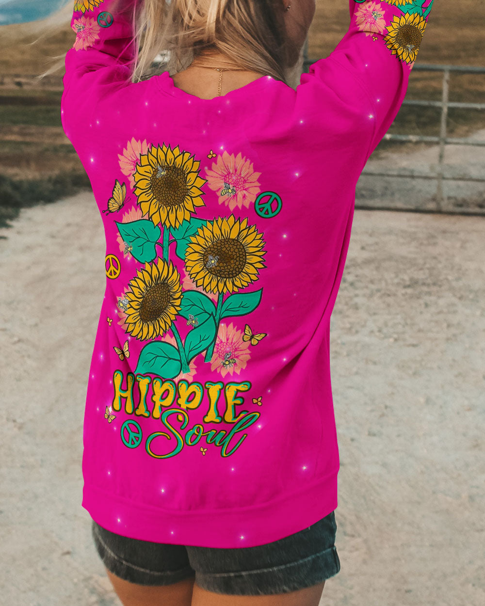 Hippie Soul Sunflowers with Peace Signs Bright Pink Graphic AOP Shirts _3_ oFTm5
