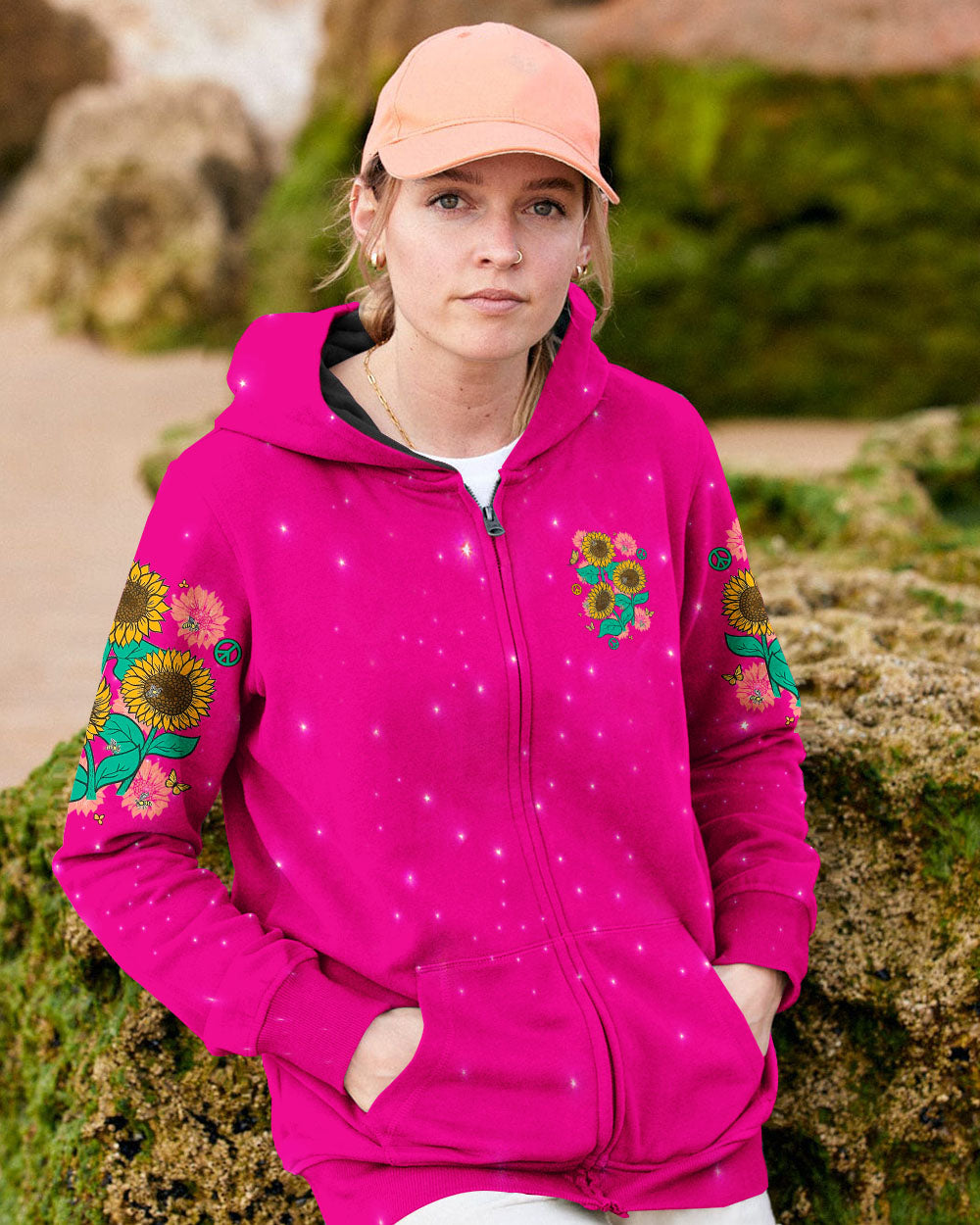 Hippie Soul Sunflowers with Peace Signs Bright Pink Graphic AOP Shirts _4_ kQyv6