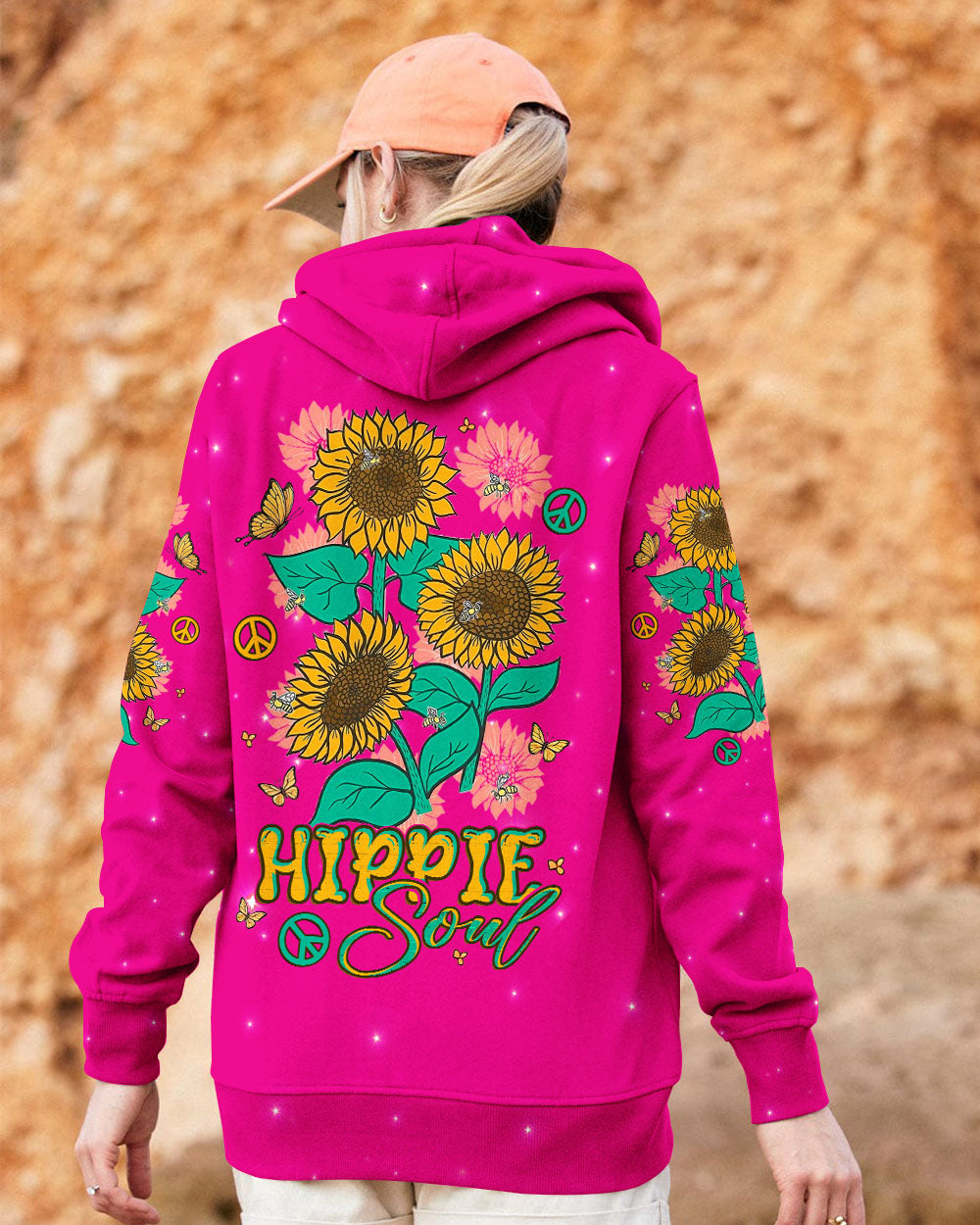 Hippie Soul Sunflowers with Peace Signs Bright Pink Graphic AOP Shirts _5_ CUgtZ