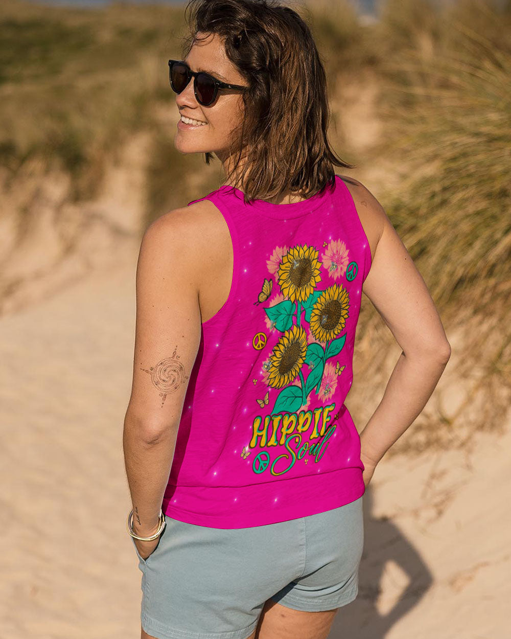 Hippie Soul Sunflowers with Peace Signs Bright Pink Graphic AOP Shirts _8_ bIumN