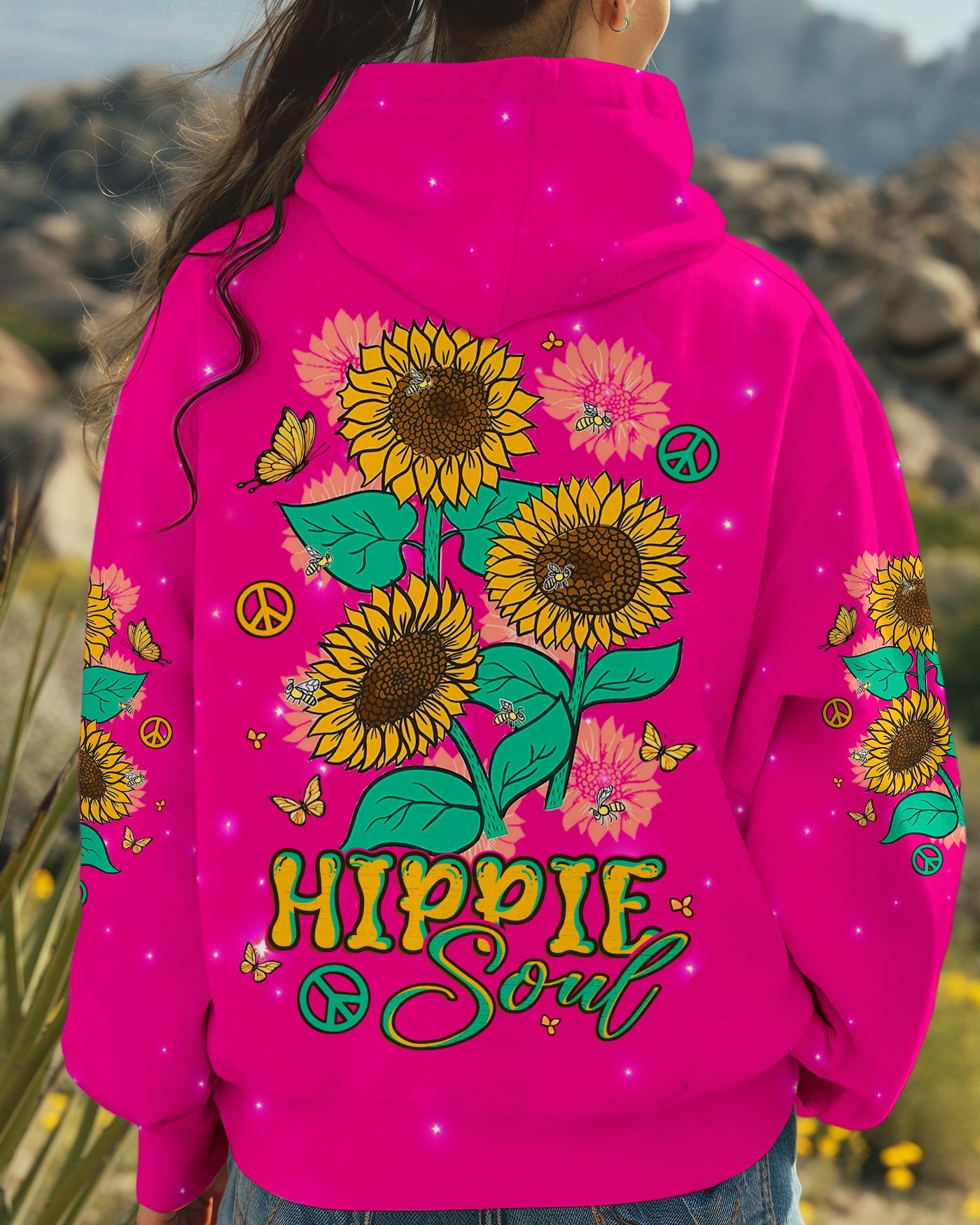 Hippie Soul Sunflowers with Peace Signs Bright Pink Graphic AOP Shirts _9_ nAJFv