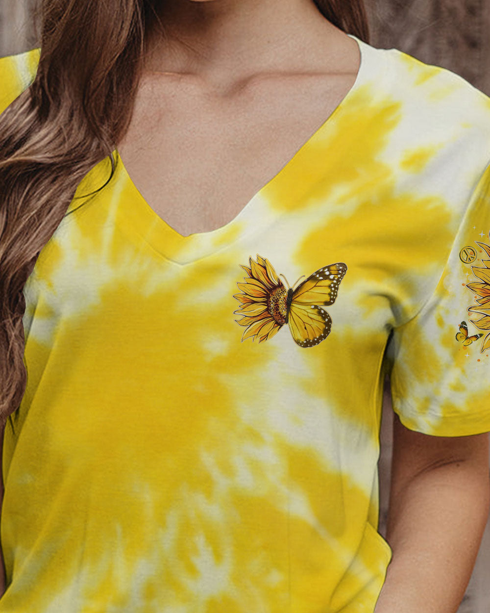 Hippie Soul Yellow Tie Dye Peace Signs and Sunflower Butterfly AOP Shirts _11_ QnfUu