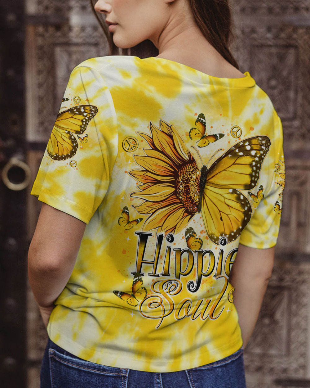 Hippie Soul Yellow Tie Dye Peace Signs and Sunflower Butterfly AOP Shirts _12_ Qm62n