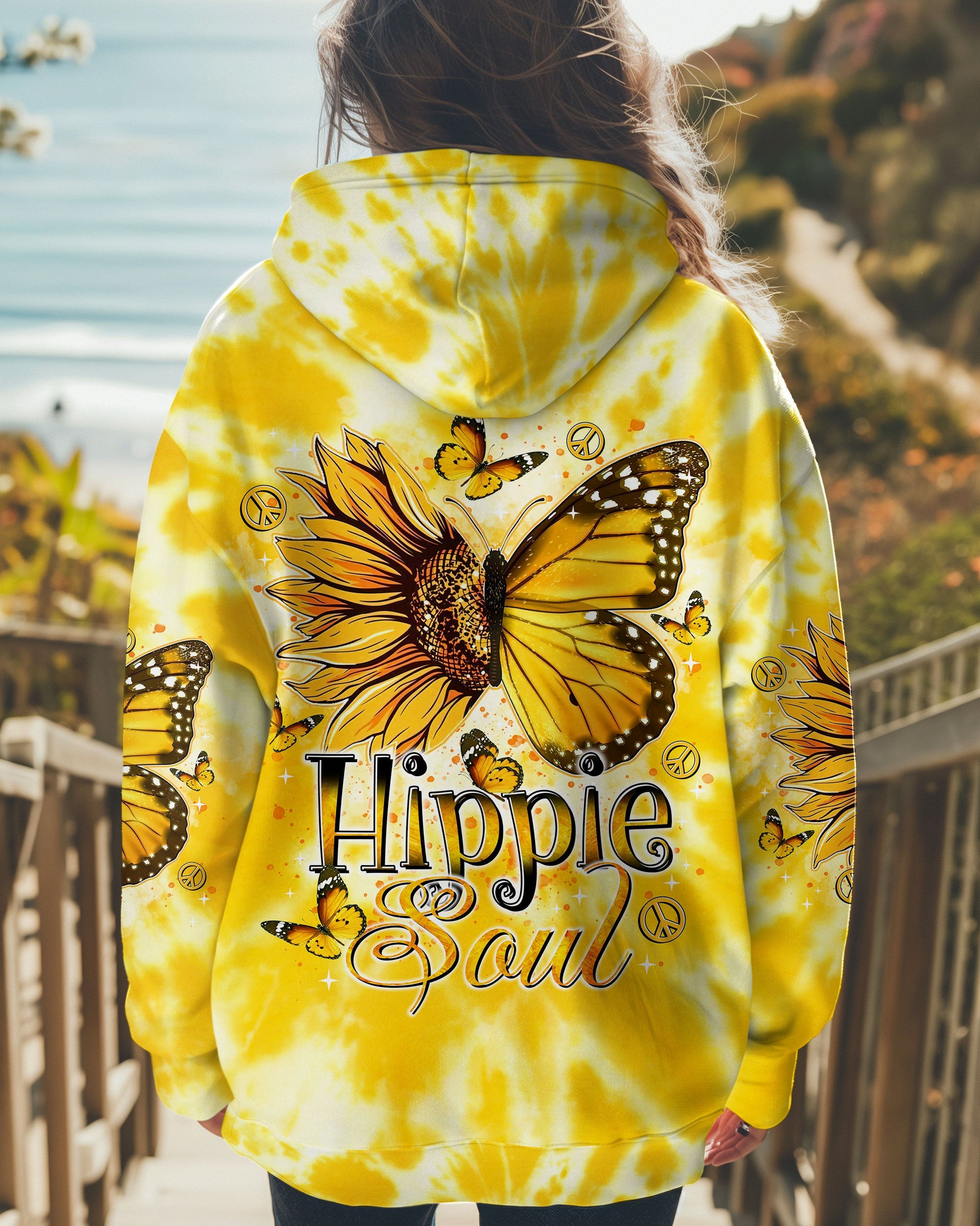 Hippie Soul Yellow Tie Dye Peace Signs and Sunflower Butterfly AOP Shirts _1_ Ae5wK