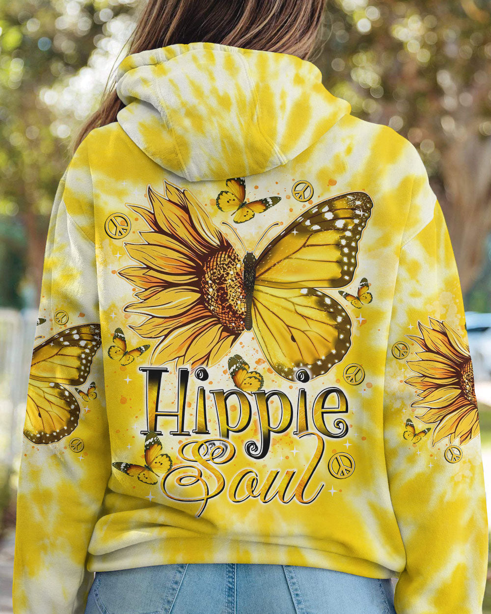 Hippie Soul Yellow Tie Dye Peace Signs and Sunflower Butterfly AOP Shirts _8_ FH6vS