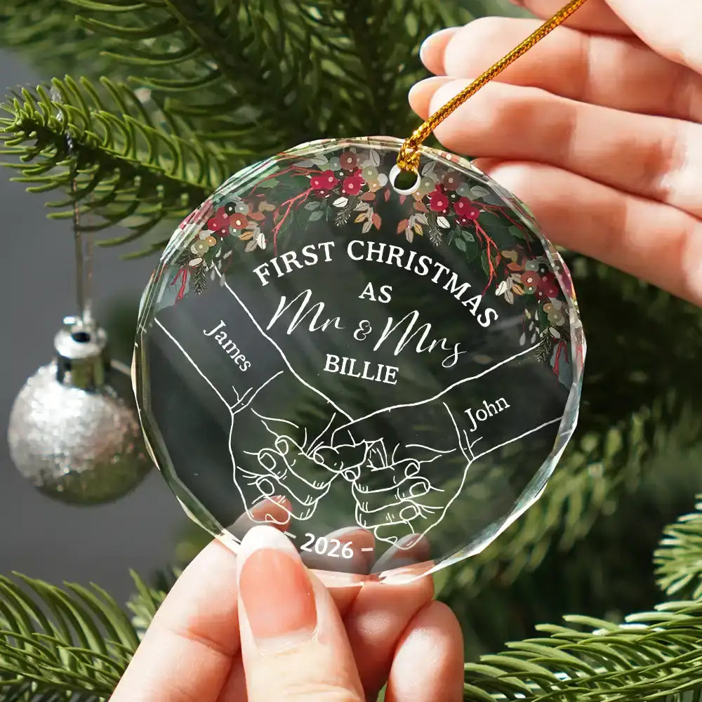 Holding Hands First Christmas Couple Personalized Circle Glass Ornament NV999 CLA225 MK1