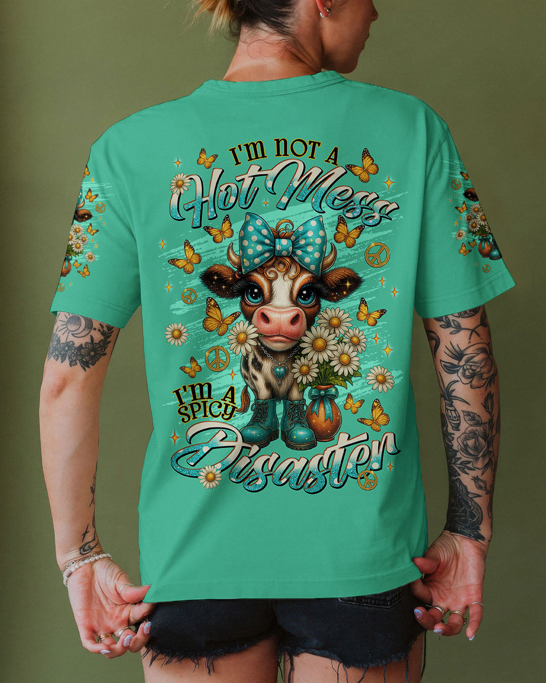Hot Mess Im A Spicy Disaster Cow Design with Butterflies _26 Daisies AOP Shirts _5_ VNqg7