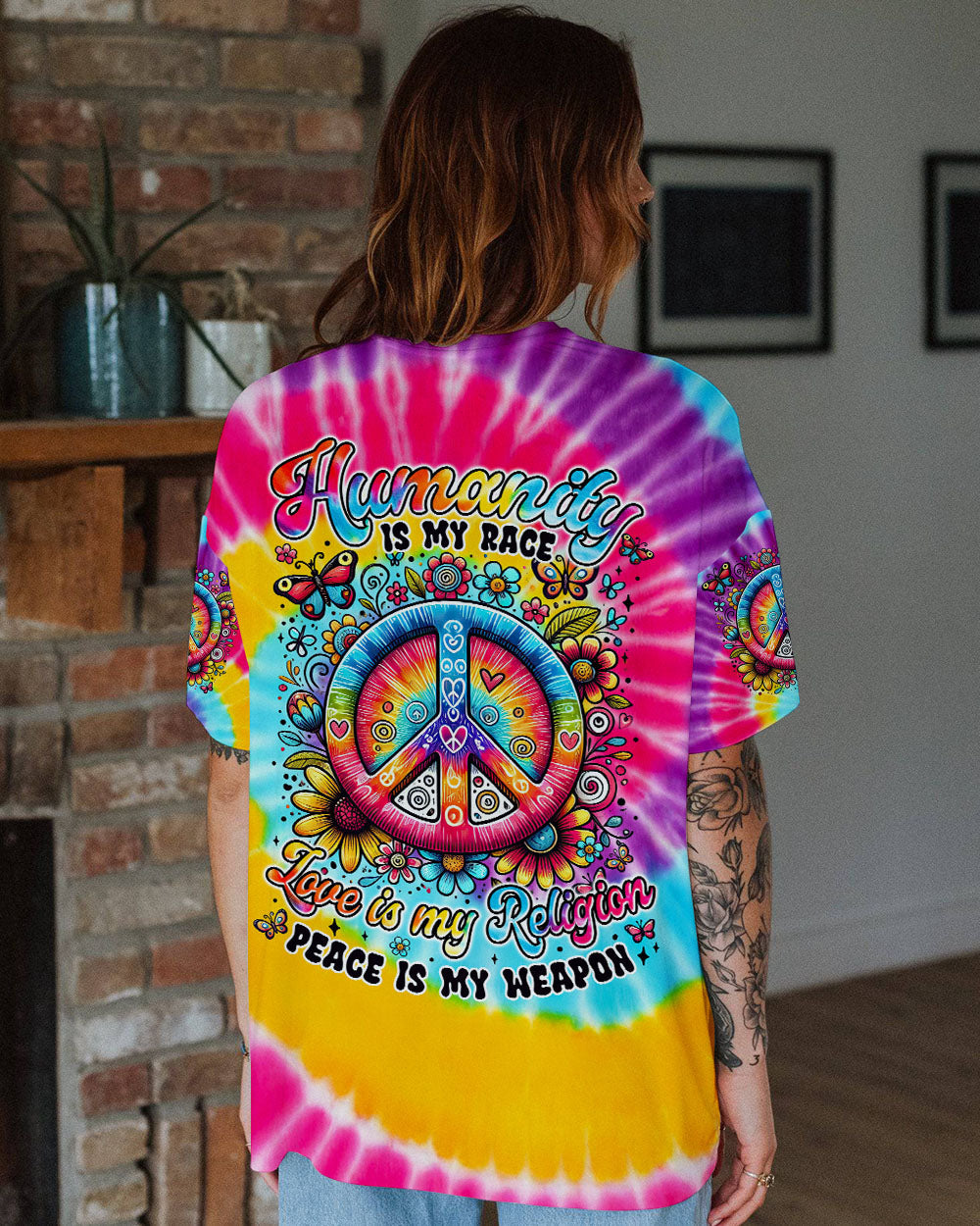 Humanity Is My Race Love Is My Religion Tie Dye Peace Symbol AOP Shirts _1_ xlDBs