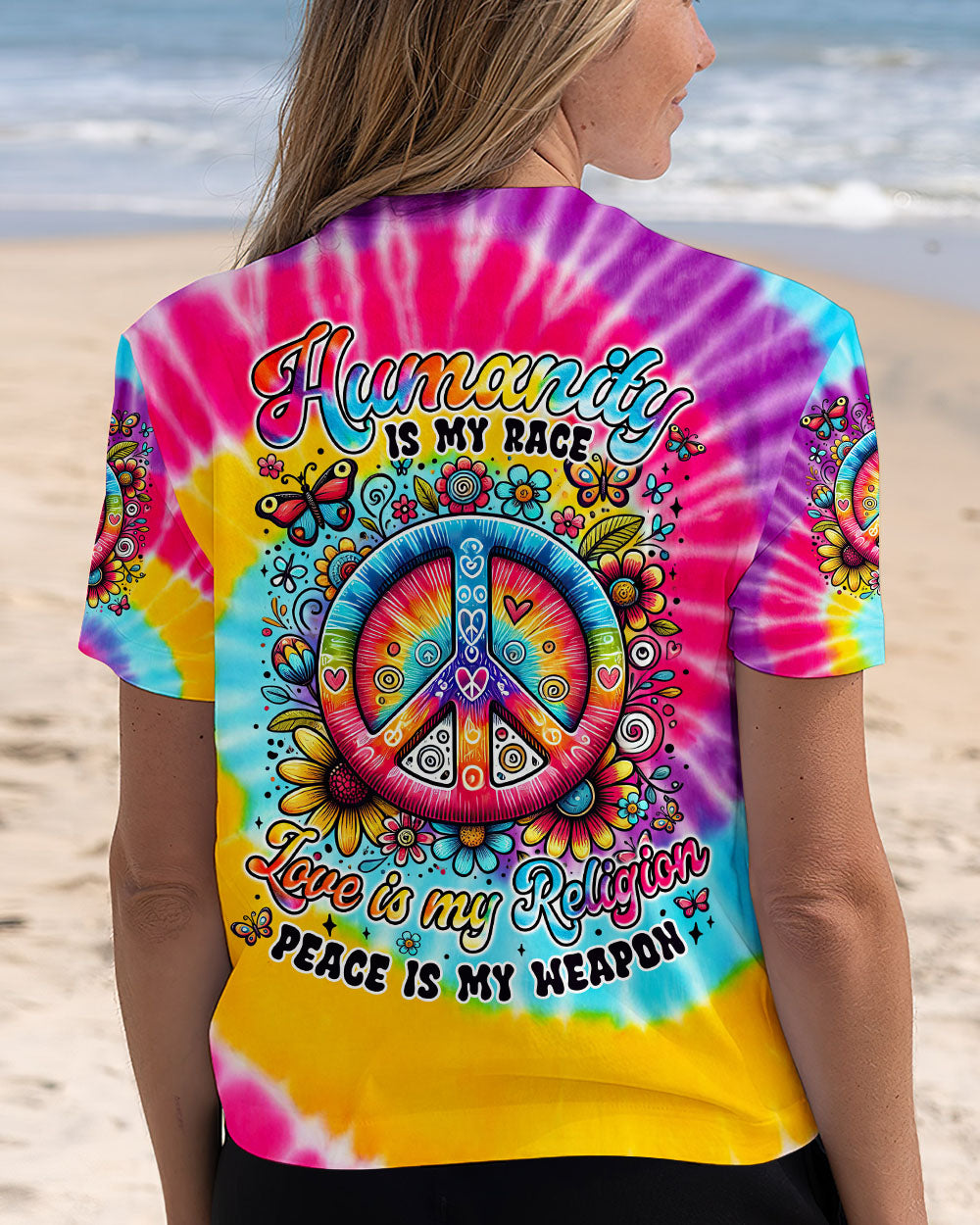Humanity Is My Race Love Is My Religion Tie Dye Peace Symbol AOP Shirts _5_ znjNI