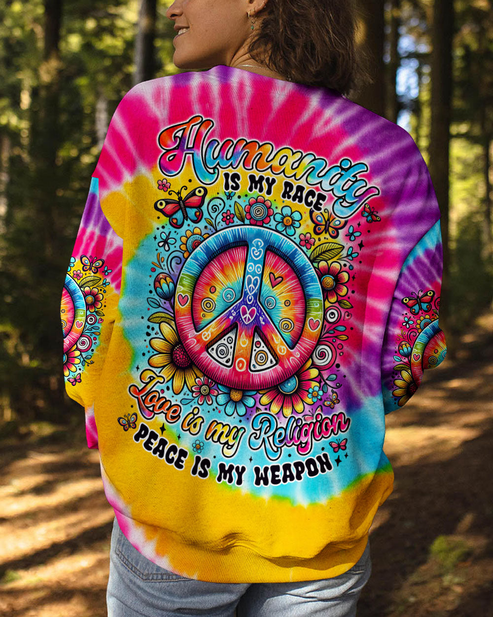 Humanity Is My Race Love Is My Religion Tie Dye Peace Symbol AOP Shirts _9_ A9ayL