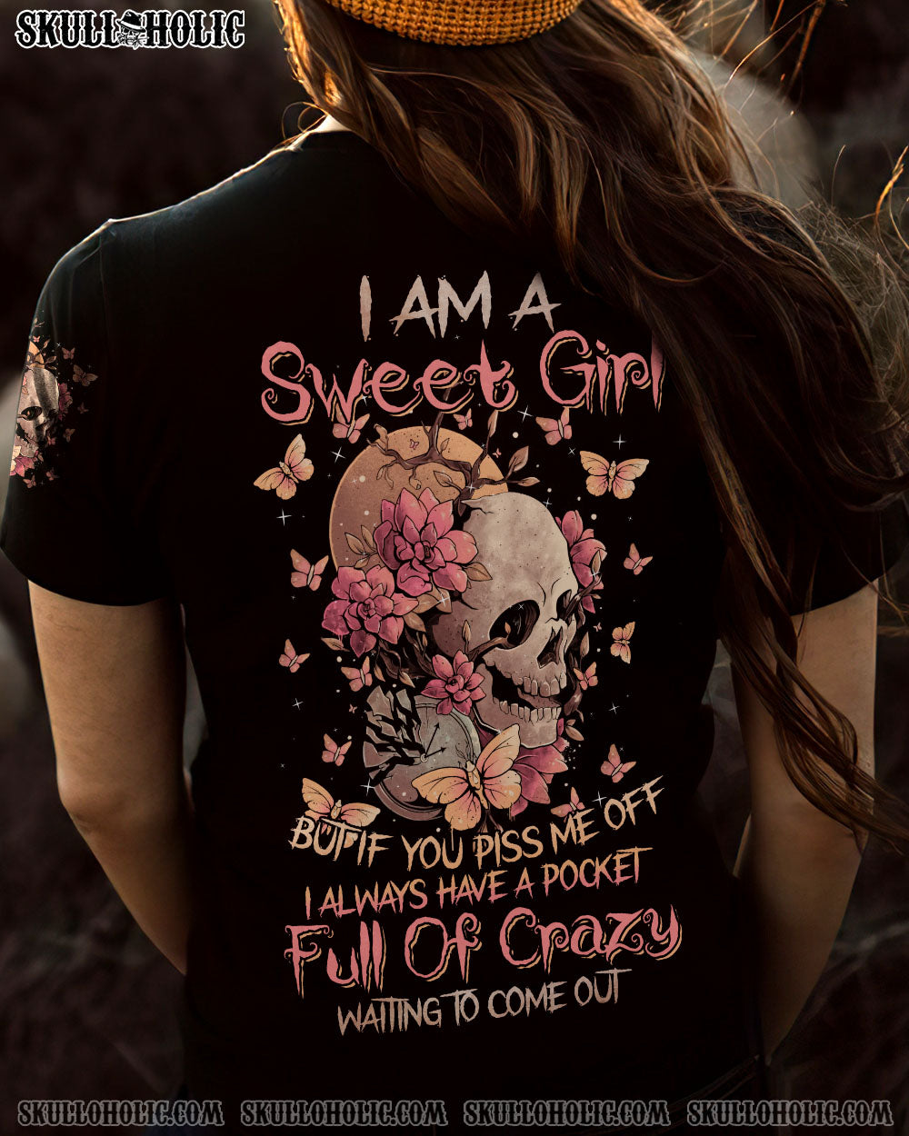 I Am a Sweet Girl Full of Crazy Funny Skull and Butterfly Graphic Tee for Women AOP Shirts _3_ MC0tu