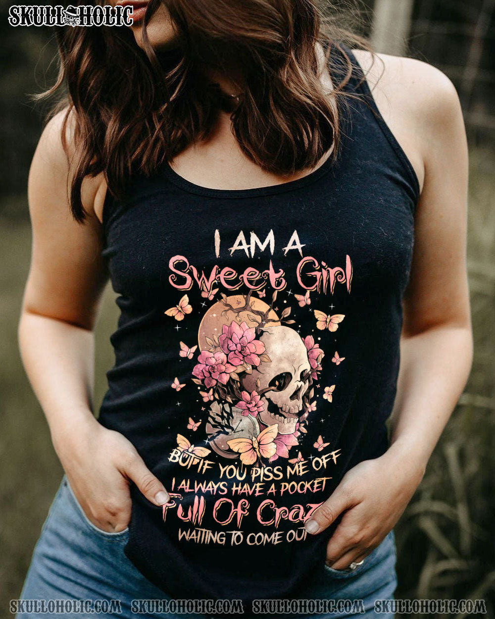 I Am a Sweet Girl Full of Crazy Funny Skull and Butterfly Graphic Tee for Women AOP Shirts _4_ Ejyx0