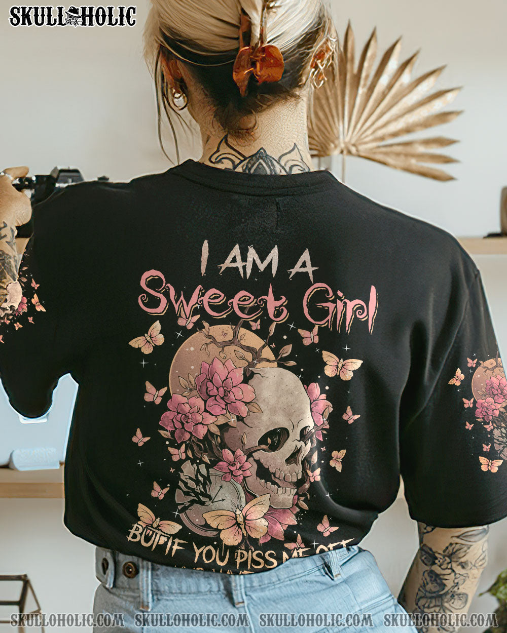 I Am a Sweet Girl Full of Crazy Funny Skull and Butterfly Graphic Tee for Women AOP Shirts _8_ S8E1u
