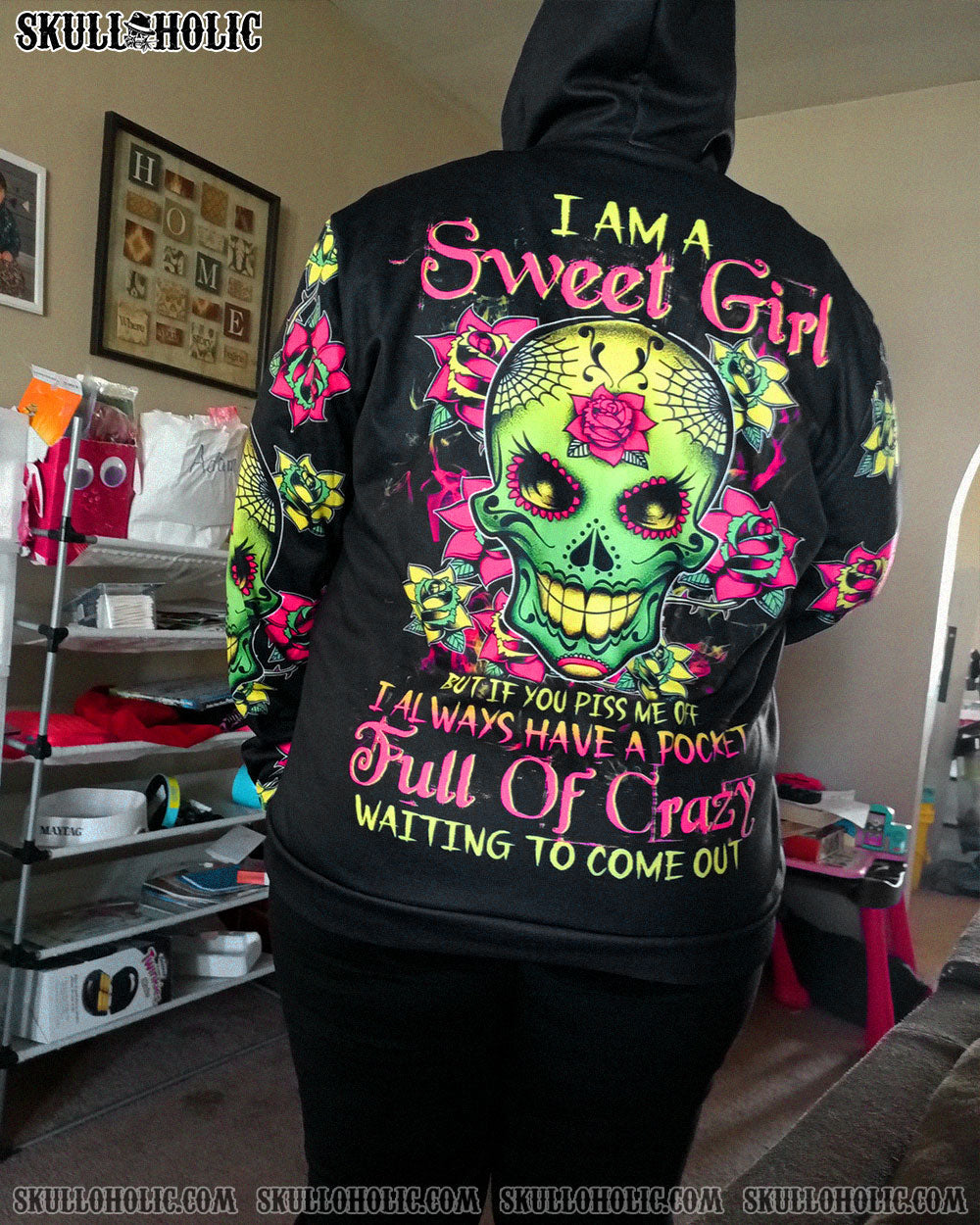I Am a Sweet Girl Pocket Full of Crazy Neon Sugar Skull and Rose AOP Shirts _12_ BU4bg