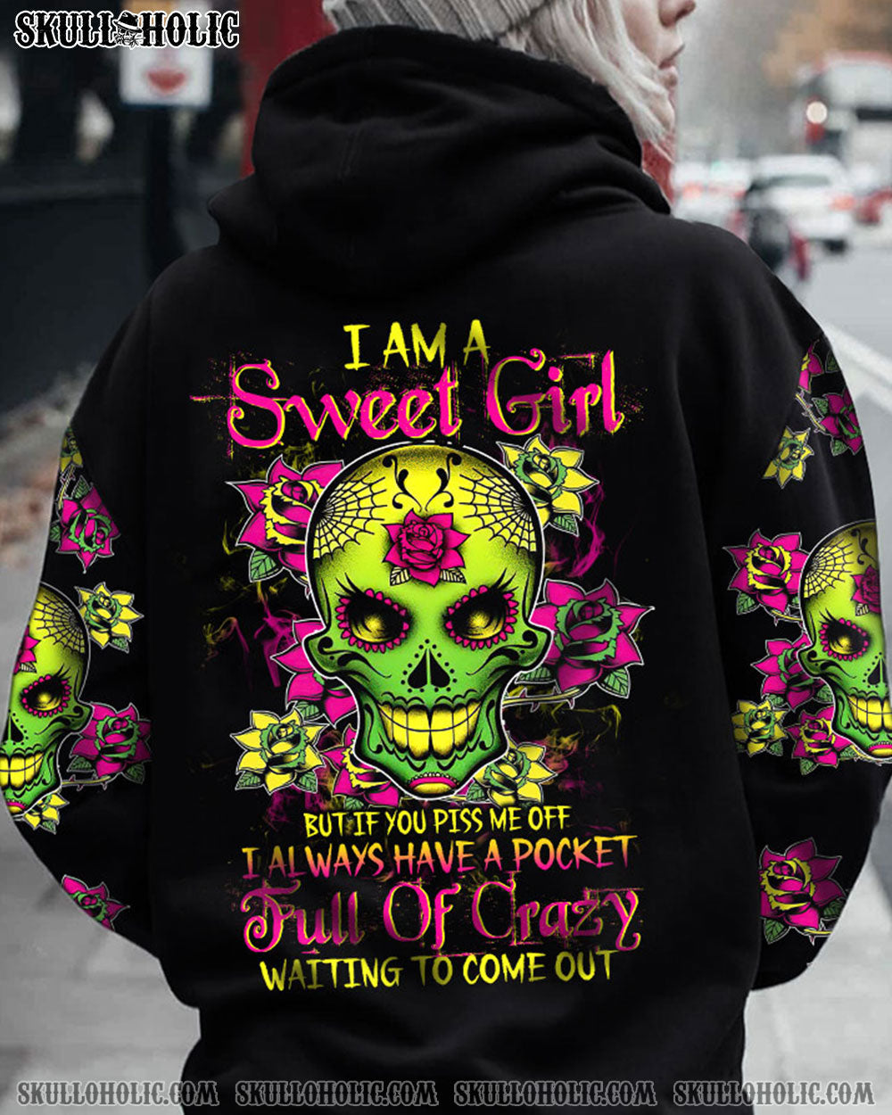 I Am a Sweet Girl Pocket Full of Crazy Neon Sugar Skull and Rose AOP Shirts _1_ 5gCpT