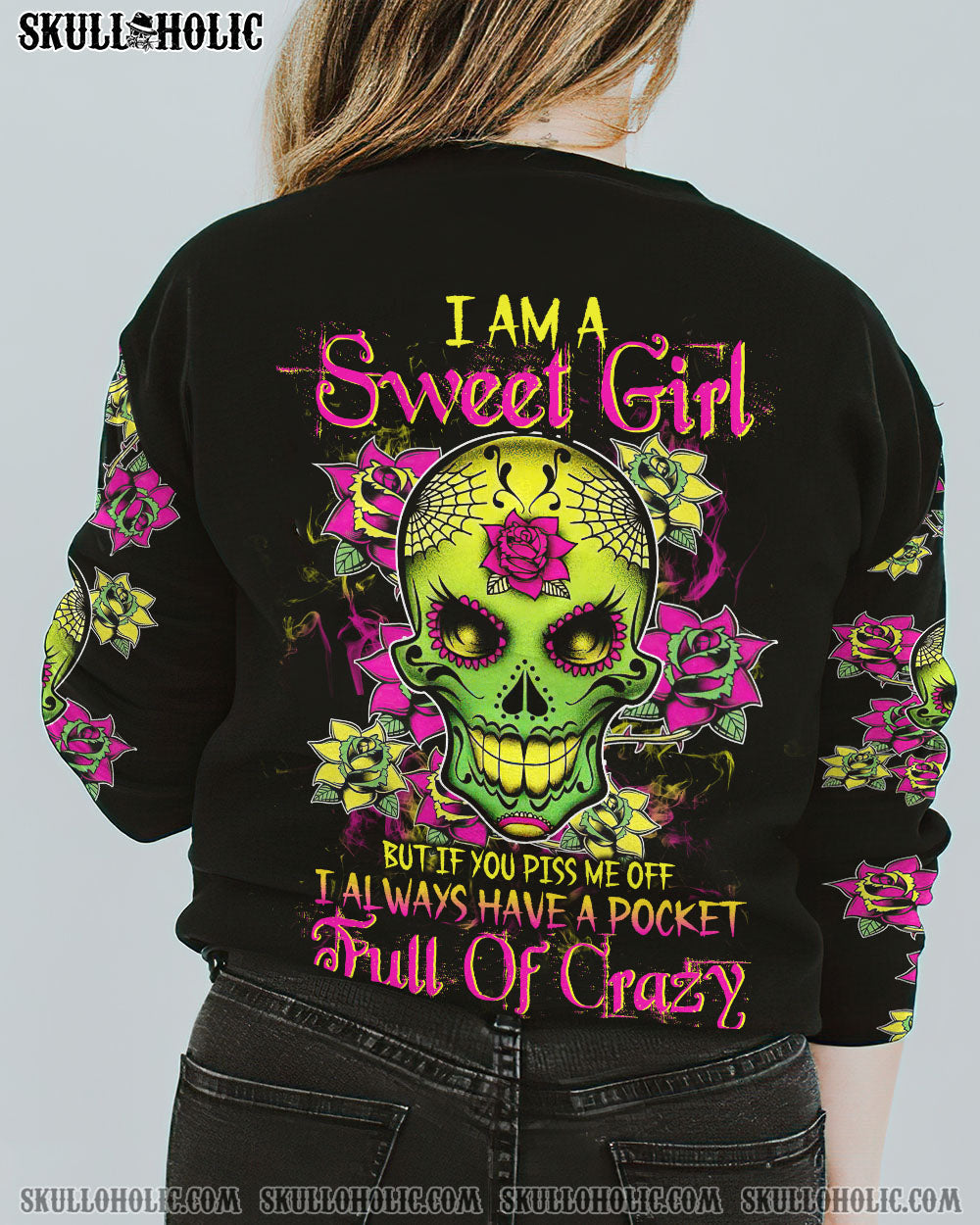 I Am a Sweet Girl Pocket Full of Crazy Neon Sugar Skull and Rose AOP Shirts _3_ CfPfl