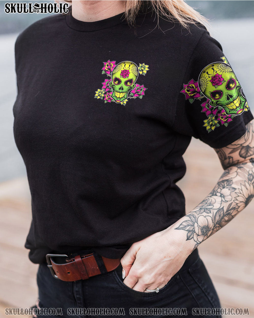 I Am a Sweet Girl Pocket Full of Crazy Neon Sugar Skull and Rose AOP Shirts _5_ VxyLq