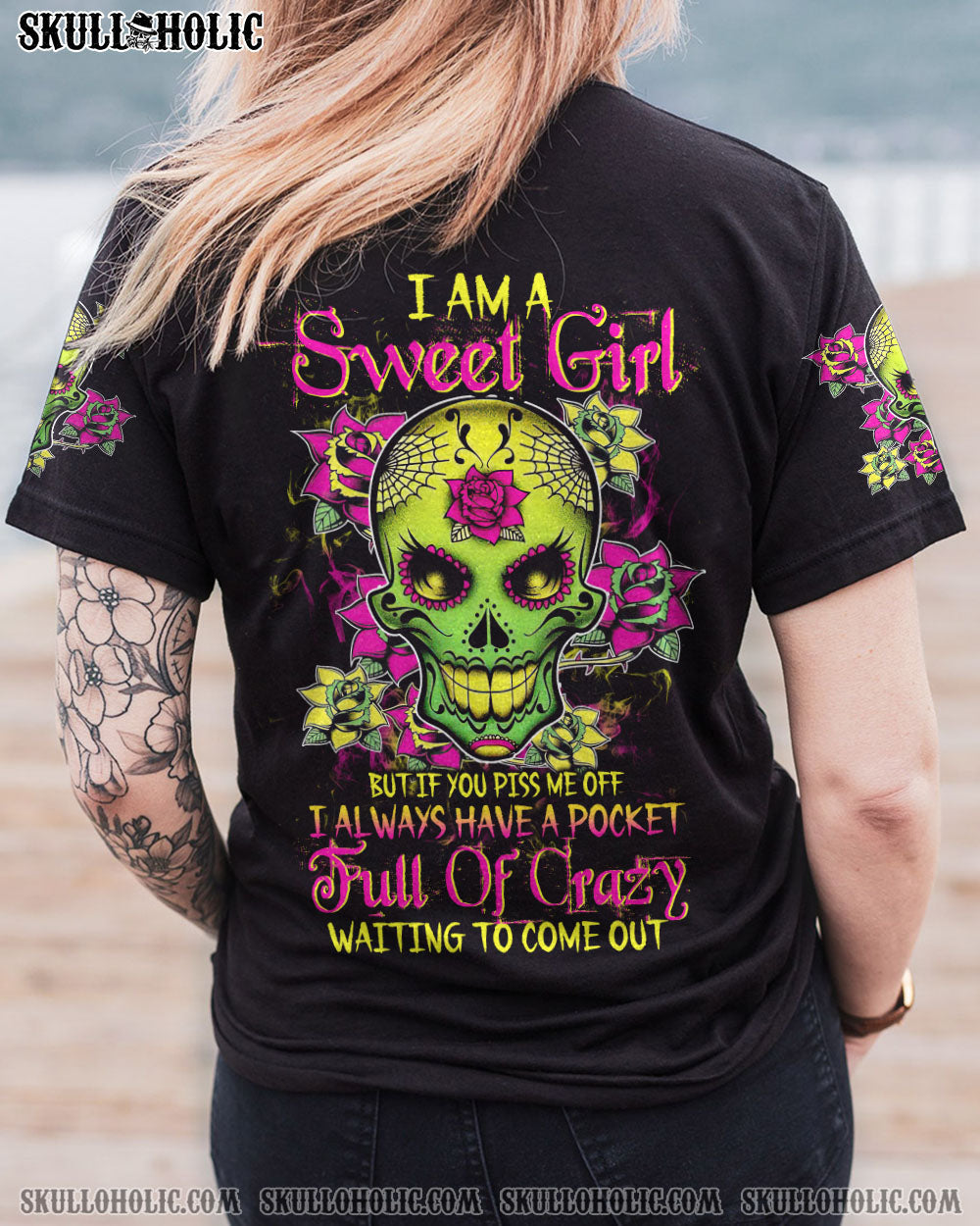 I Am a Sweet Girl Pocket Full of Crazy Neon Sugar Skull and Rose AOP Shirts _6_ d7uJe