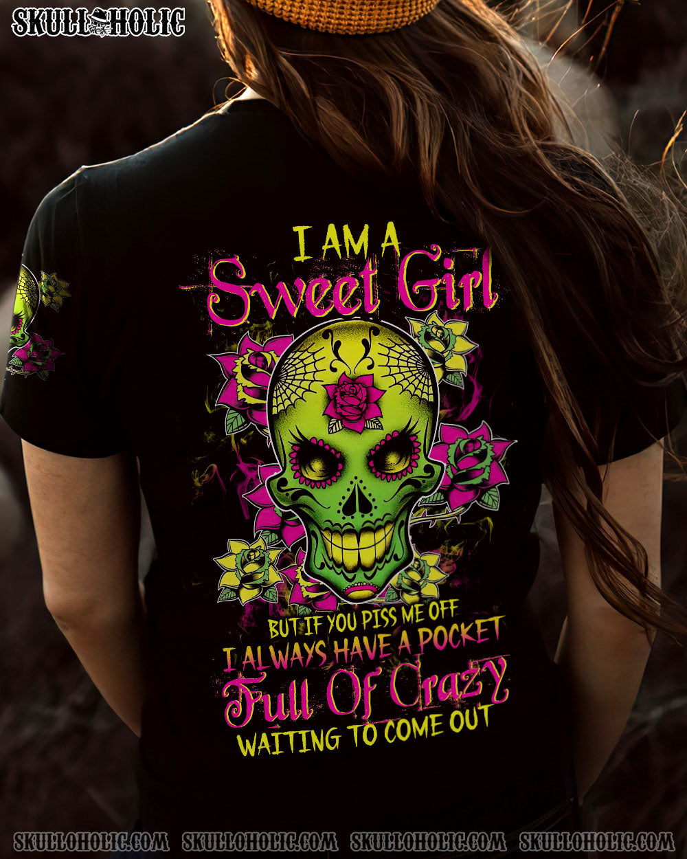I Am a Sweet Girl Pocket Full of Crazy Neon Sugar Skull and Rose AOP Shirts _8_ zWeps