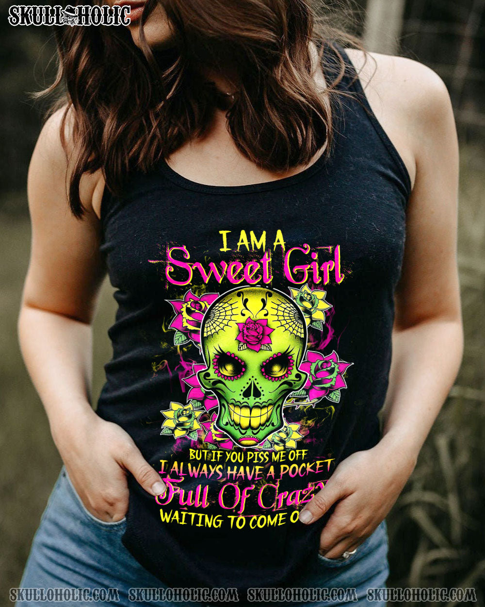 I Am a Sweet Girl Pocket Full of Crazy Neon Sugar Skull and Rose AOP Shirts _9_ ieS2G