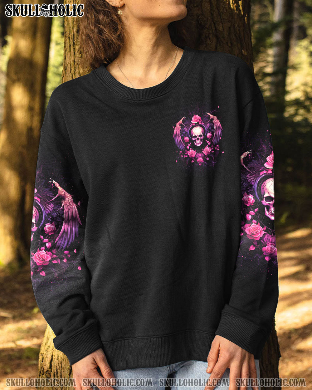 I Am the Storm She Whispered Back Pink Skull Wings and Roses Graphic AOP Shirts _10_ W9iwk