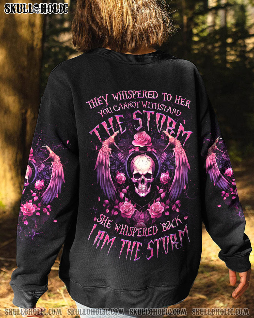 I Am the Storm She Whispered Back Pink Skull Wings and Roses Graphic AOP Shirts _11_ DCYGM