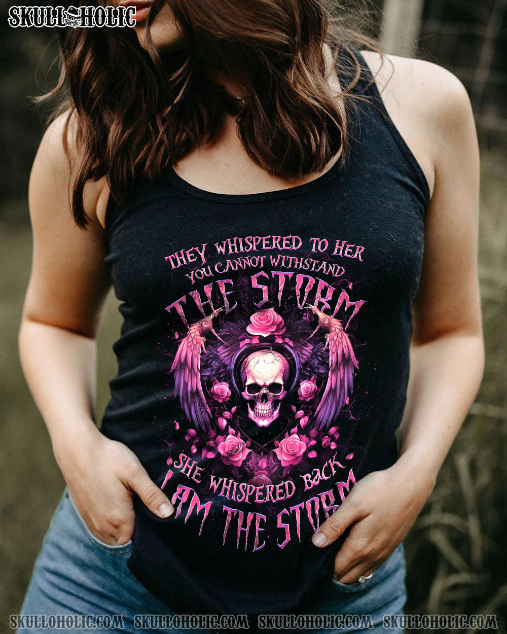 I Am the Storm She Whispered Back Pink Skull Wings and Roses Graphic AOP Shirts _13_ EArVv