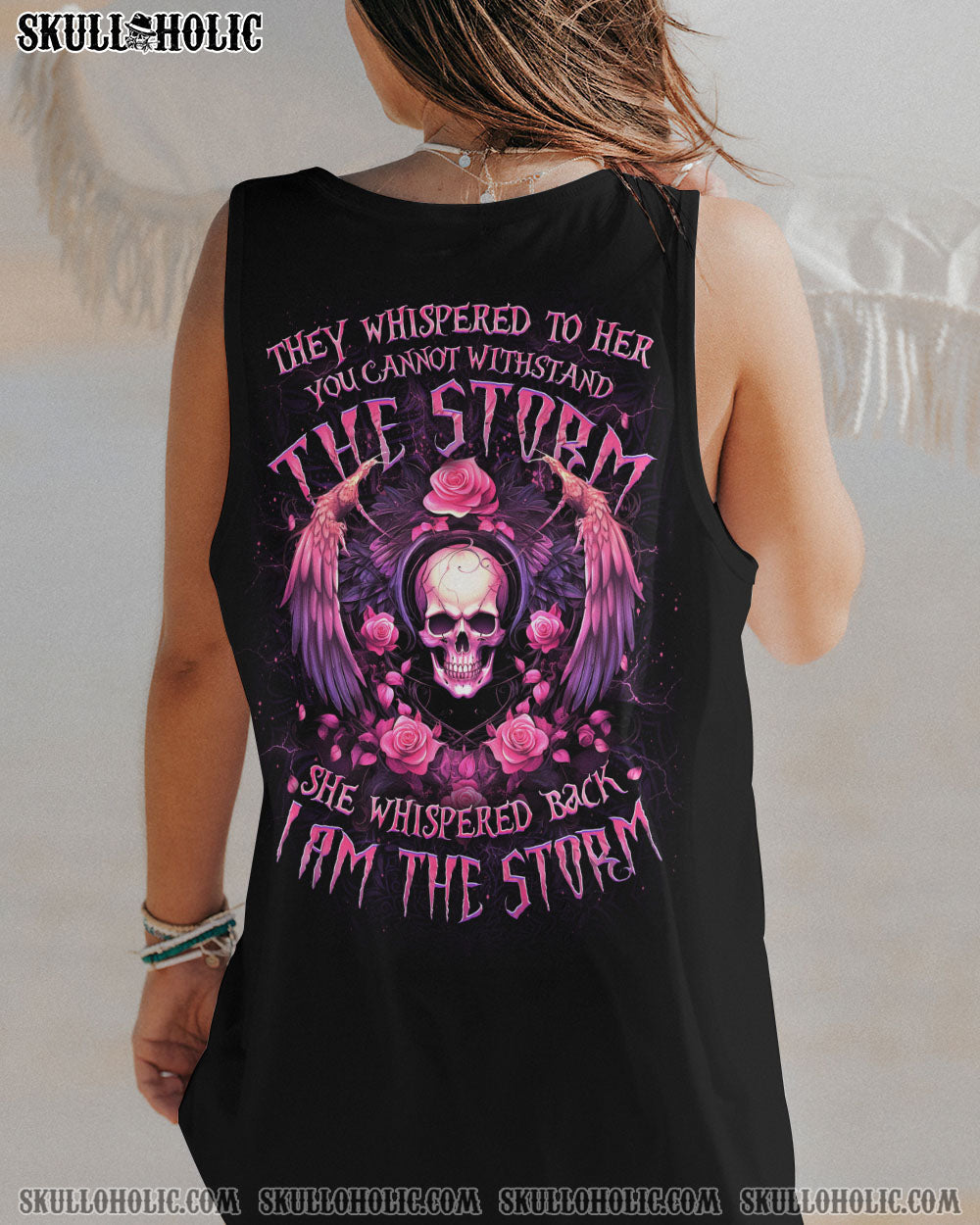 I Am the Storm She Whispered Back Pink Skull Wings and Roses Graphic AOP Shirts _15_ lHevd