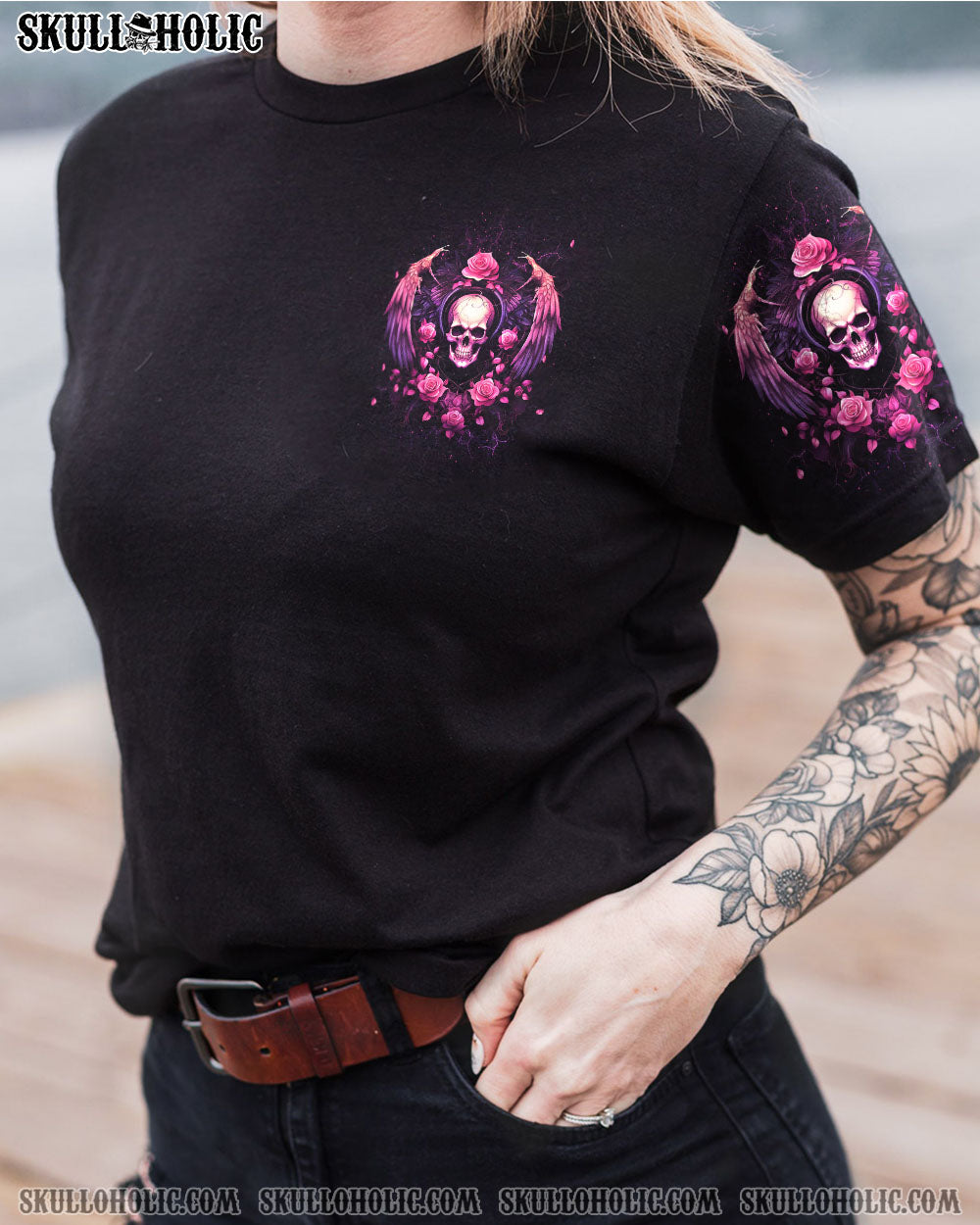 I Am the Storm She Whispered Back Pink Skull Wings and Roses Graphic AOP Shirts _4_ qiEJw