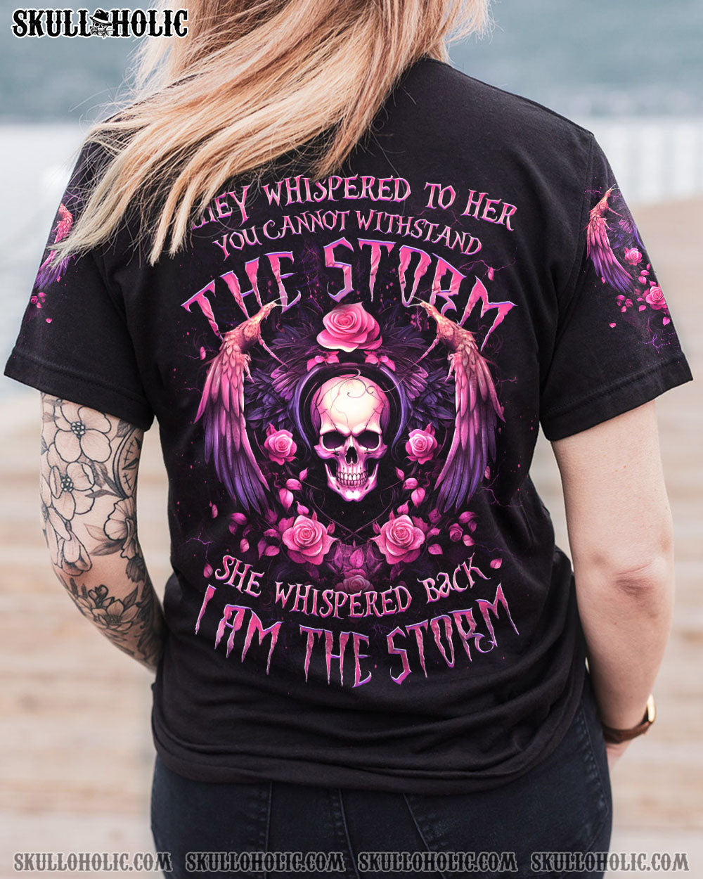 I Am the Storm She Whispered Back Pink Skull Wings and Roses Graphic AOP Shirts _5_ zlMDU