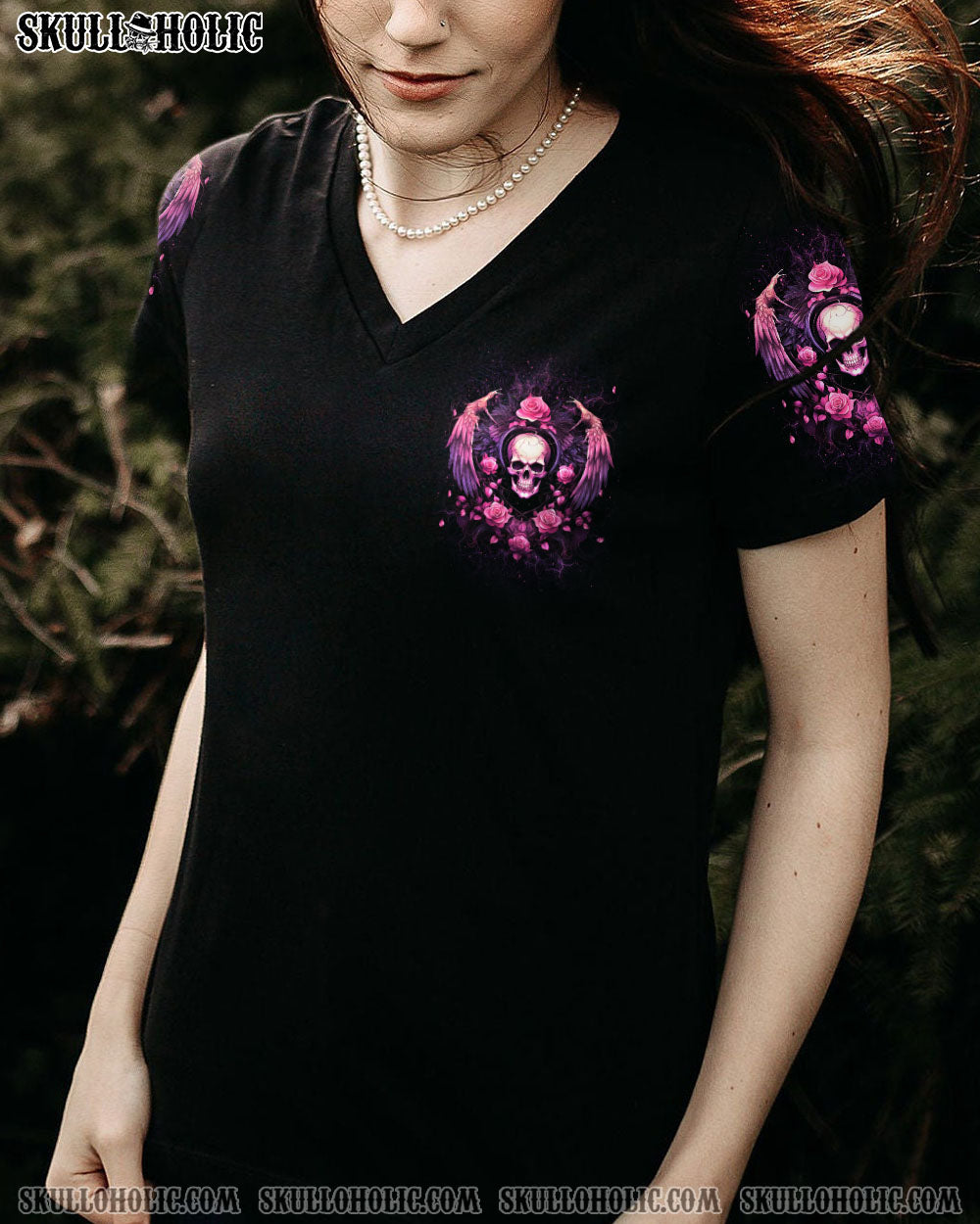 I Am the Storm She Whispered Back Pink Skull Wings and Roses Graphic AOP Shirts _6_ aCwNq
