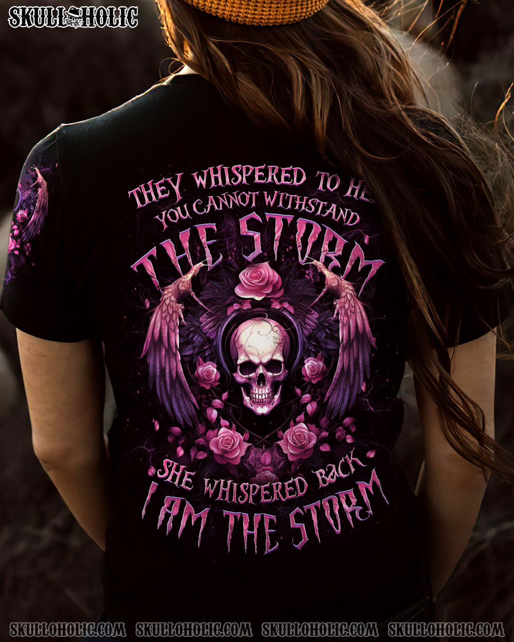 I Am the Storm She Whispered Back Pink Skull Wings and Roses Graphic AOP Shirts _7_ BCwny
