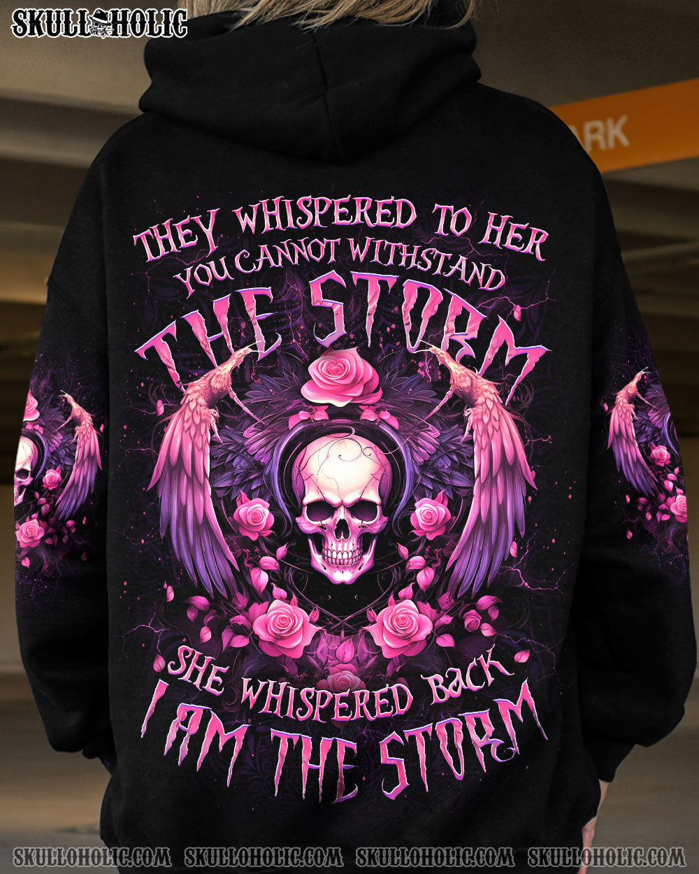 I Am the Storm She Whispered Back Pink Skull Wings and Roses Graphic AOP Shirts _9_ Z6Ar4