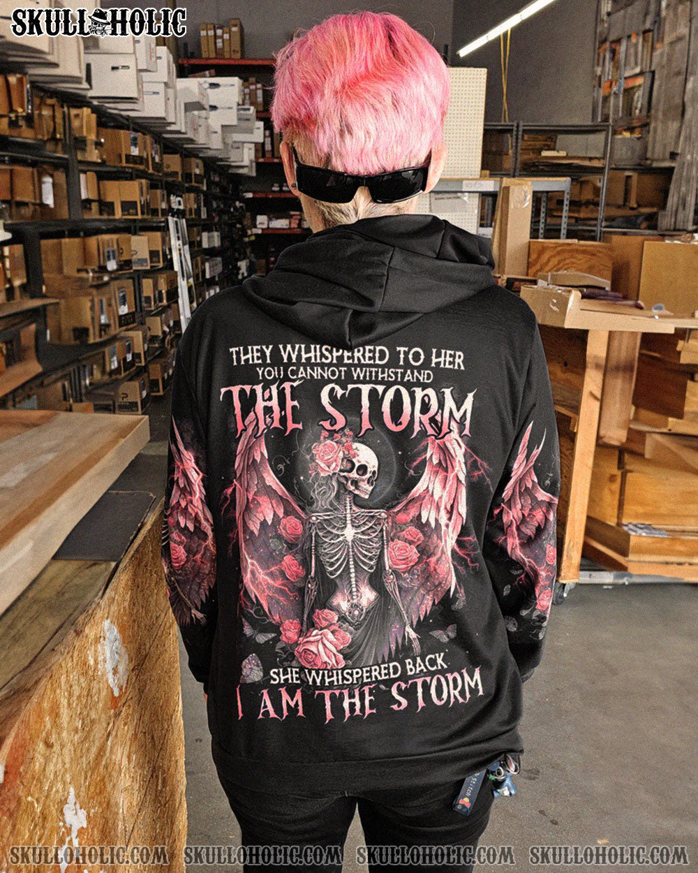 I Am the Storm Withstand the Storm Skull Dark Rose and Wings Graphic AOP Shirts _11_ 4ttT7