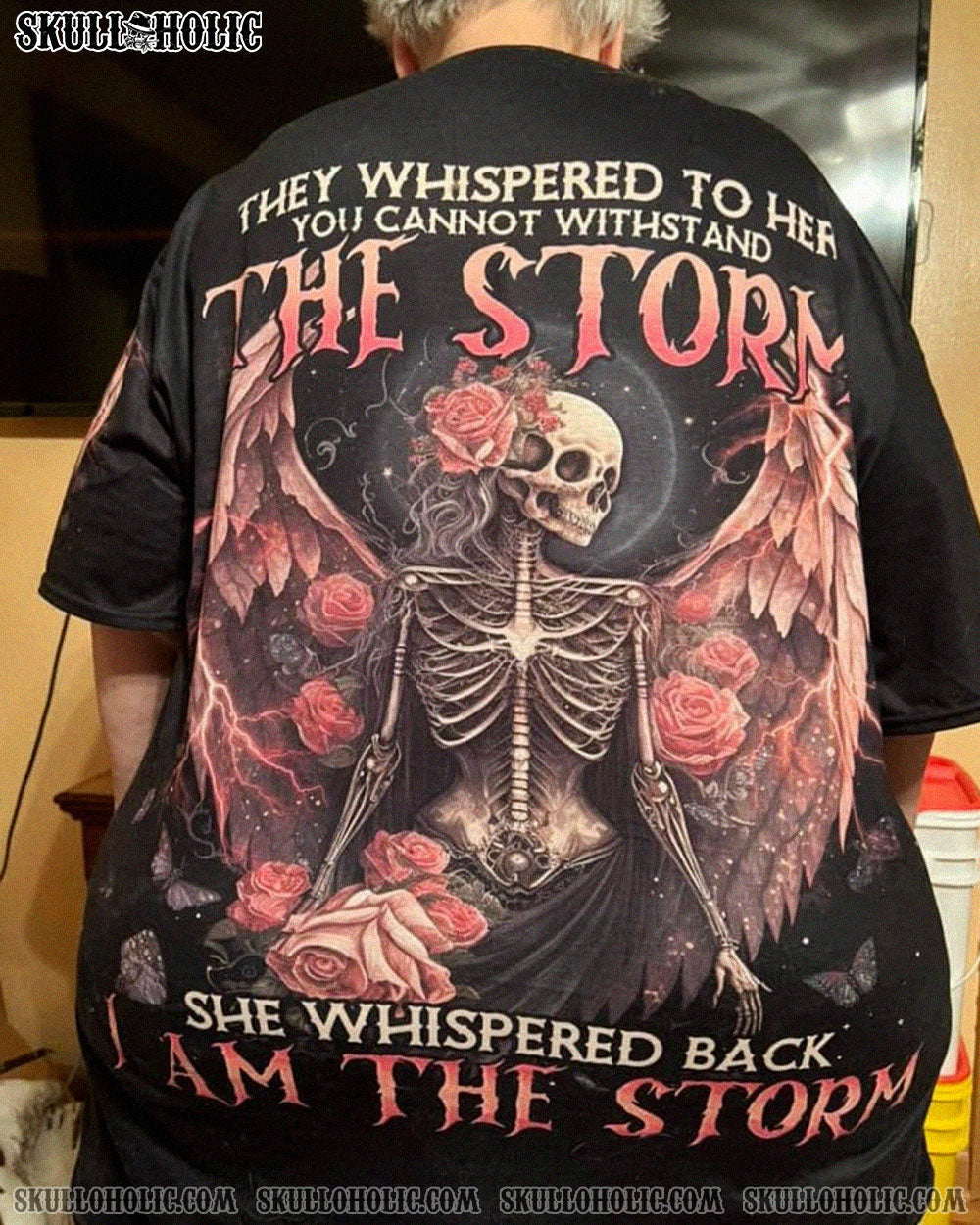 I Am the Storm Withstand the Storm Skull Dark Rose and Wings Graphic AOP Shirts _12_ 6R5Vx