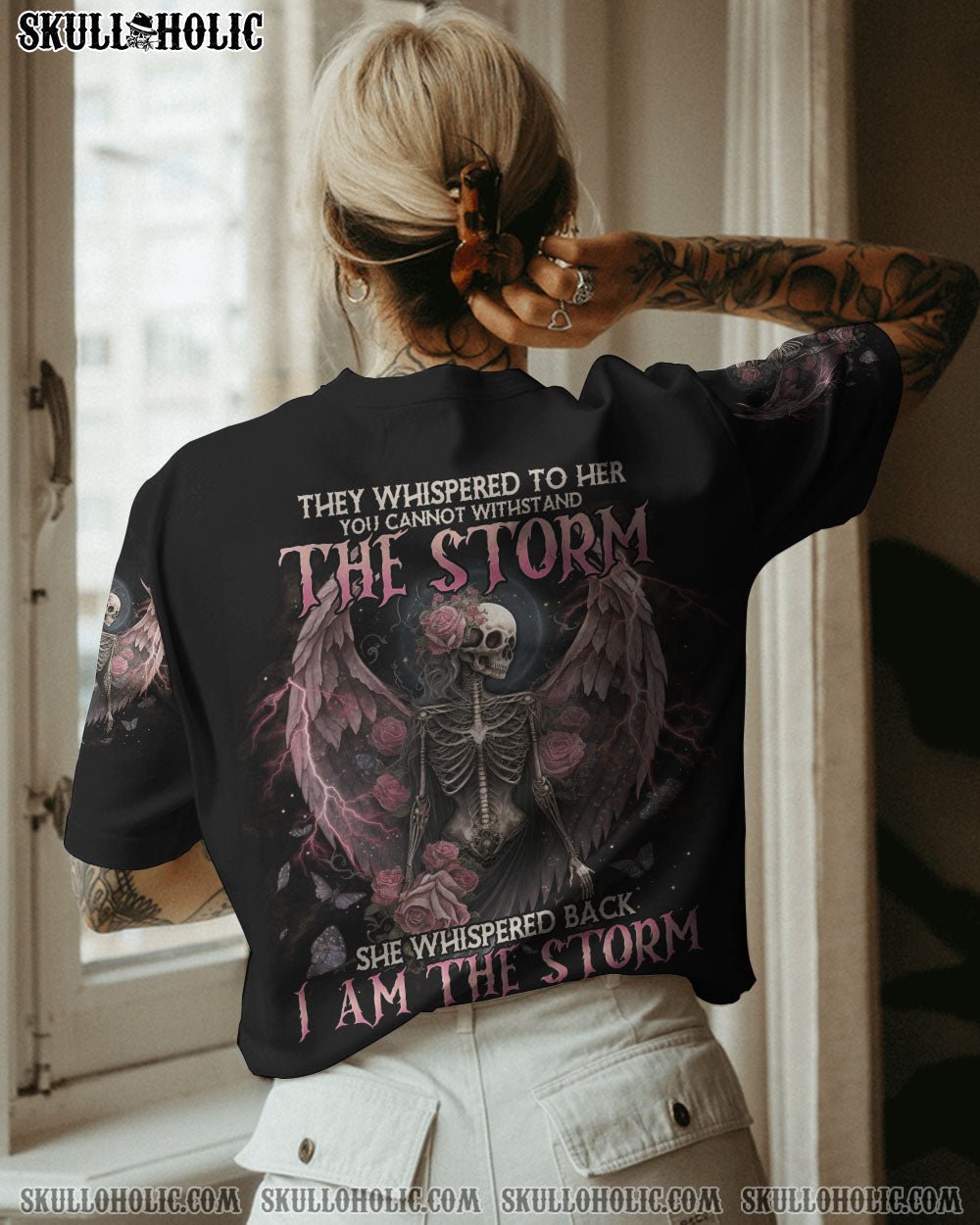 I Am the Storm Withstand the Storm Skull Dark Rose and Wings Graphic AOP Shirts _5_ dUArm