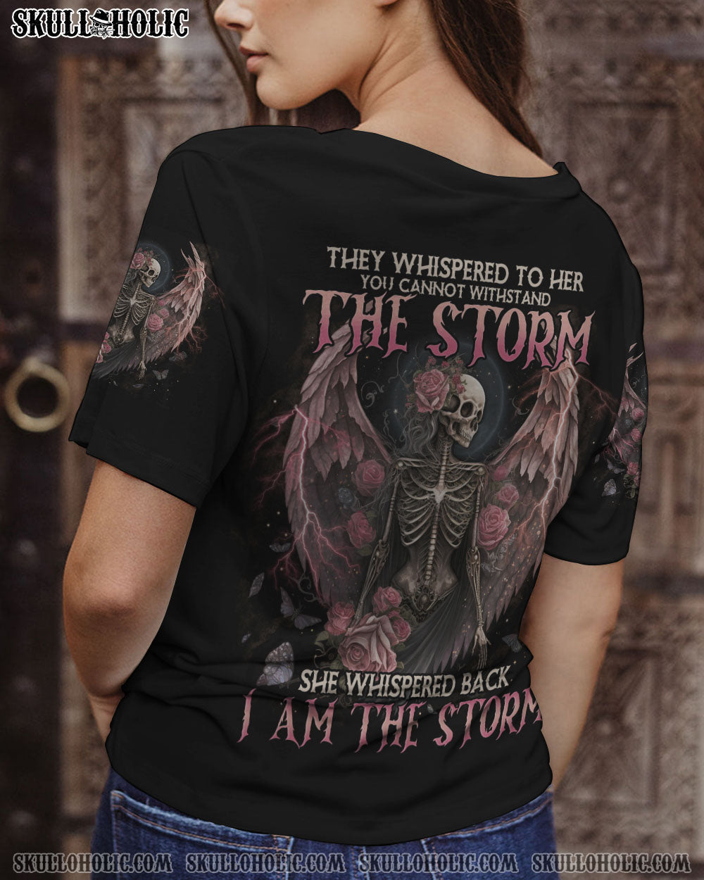 I Am the Storm Withstand the Storm Skull Dark Rose and Wings Graphic AOP Shirts _7_ nBsM4