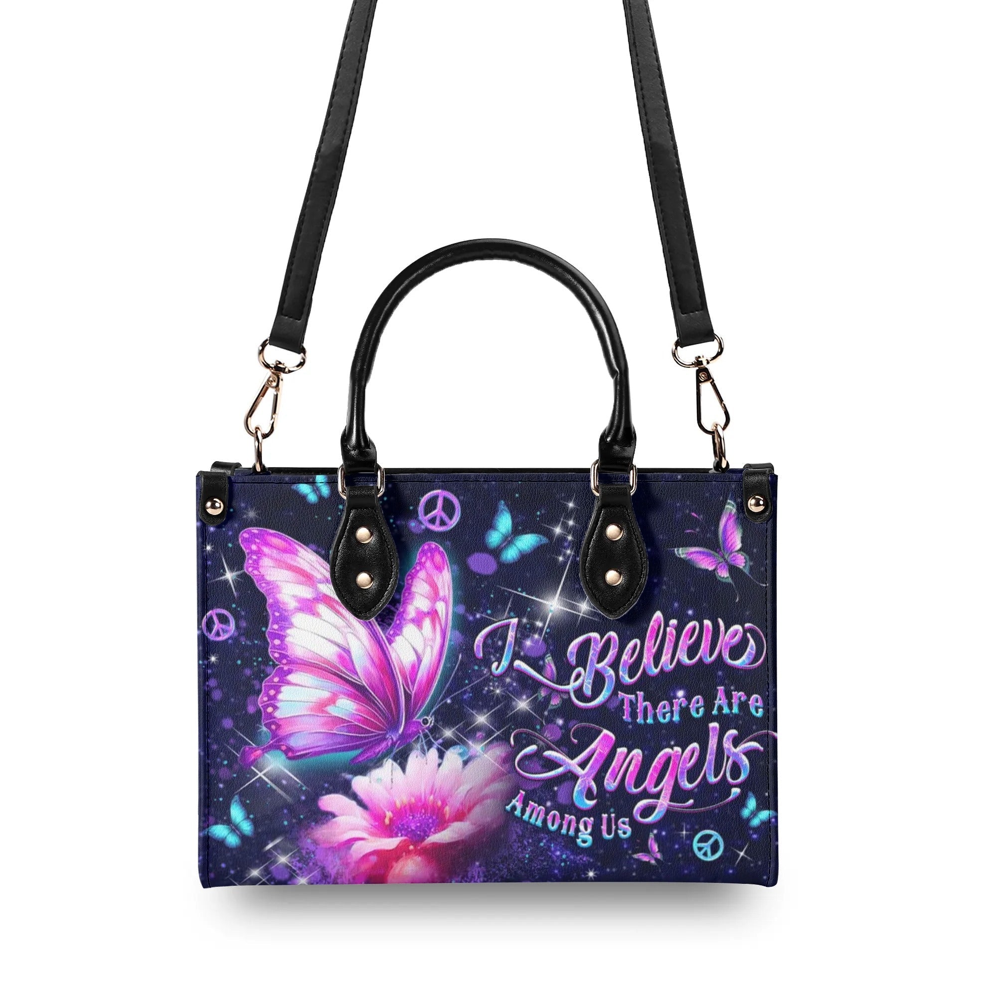 I Believe Angels Are Among Us Purple Butterfly Peace Symbol Hippie Leather Bag _2_ QOeh7
