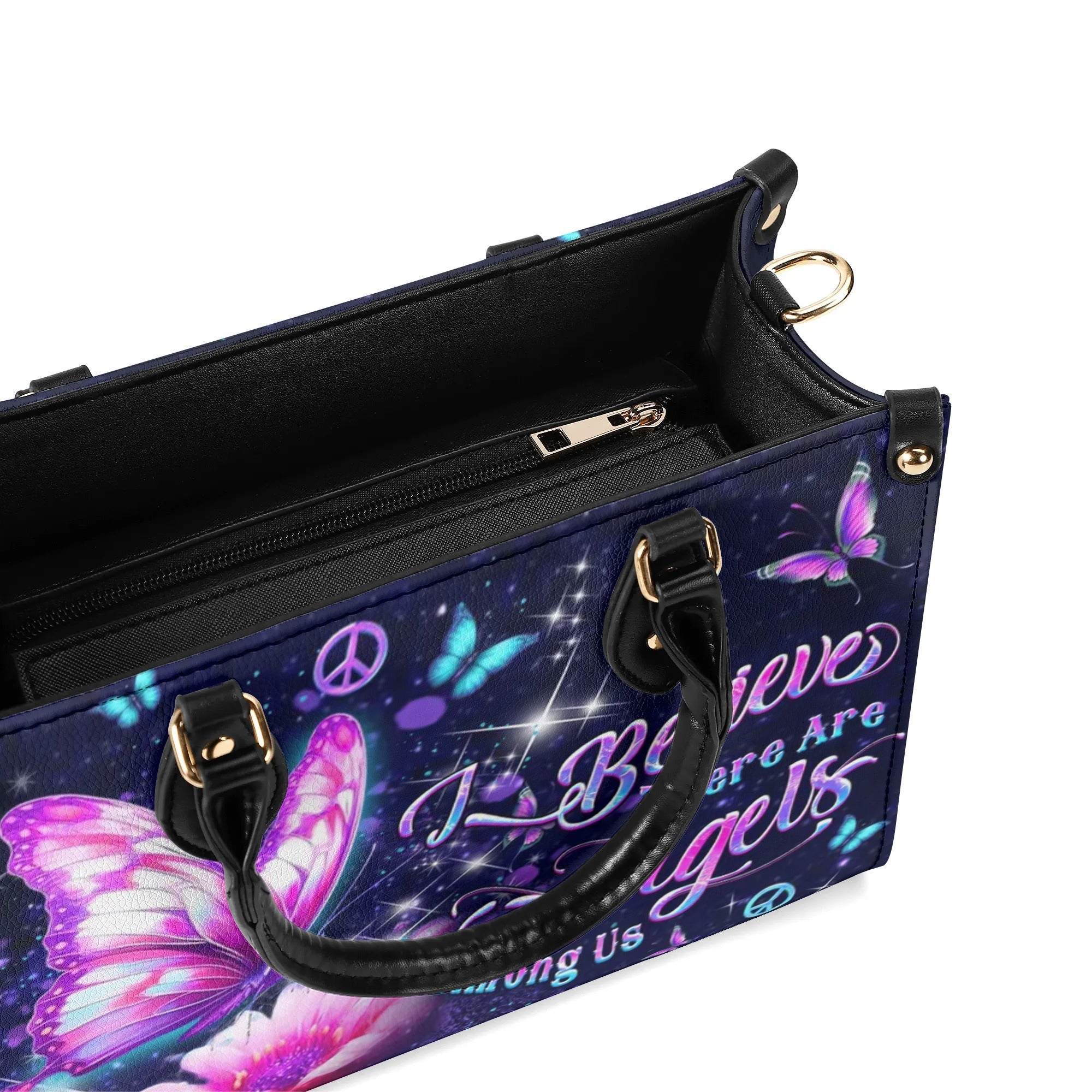I Believe Angels Are Among Us Purple Butterfly Peace Symbol Hippie Leather Bag _5_ Yw3oO
