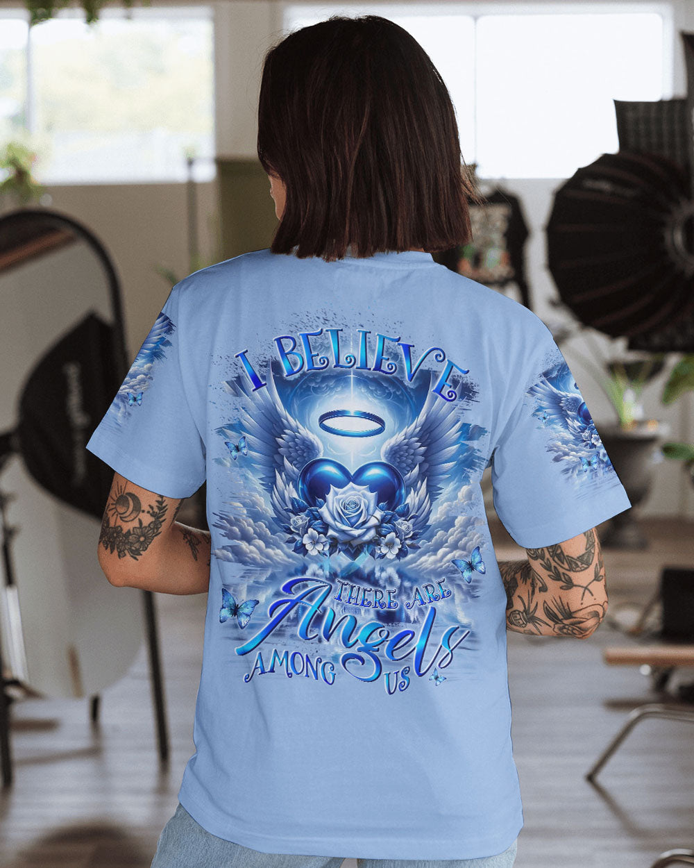 I Believe There Are Angels Among Us Blue Angel Wings and Halo Heart Design AOP Shirts _3_ RNfEj
