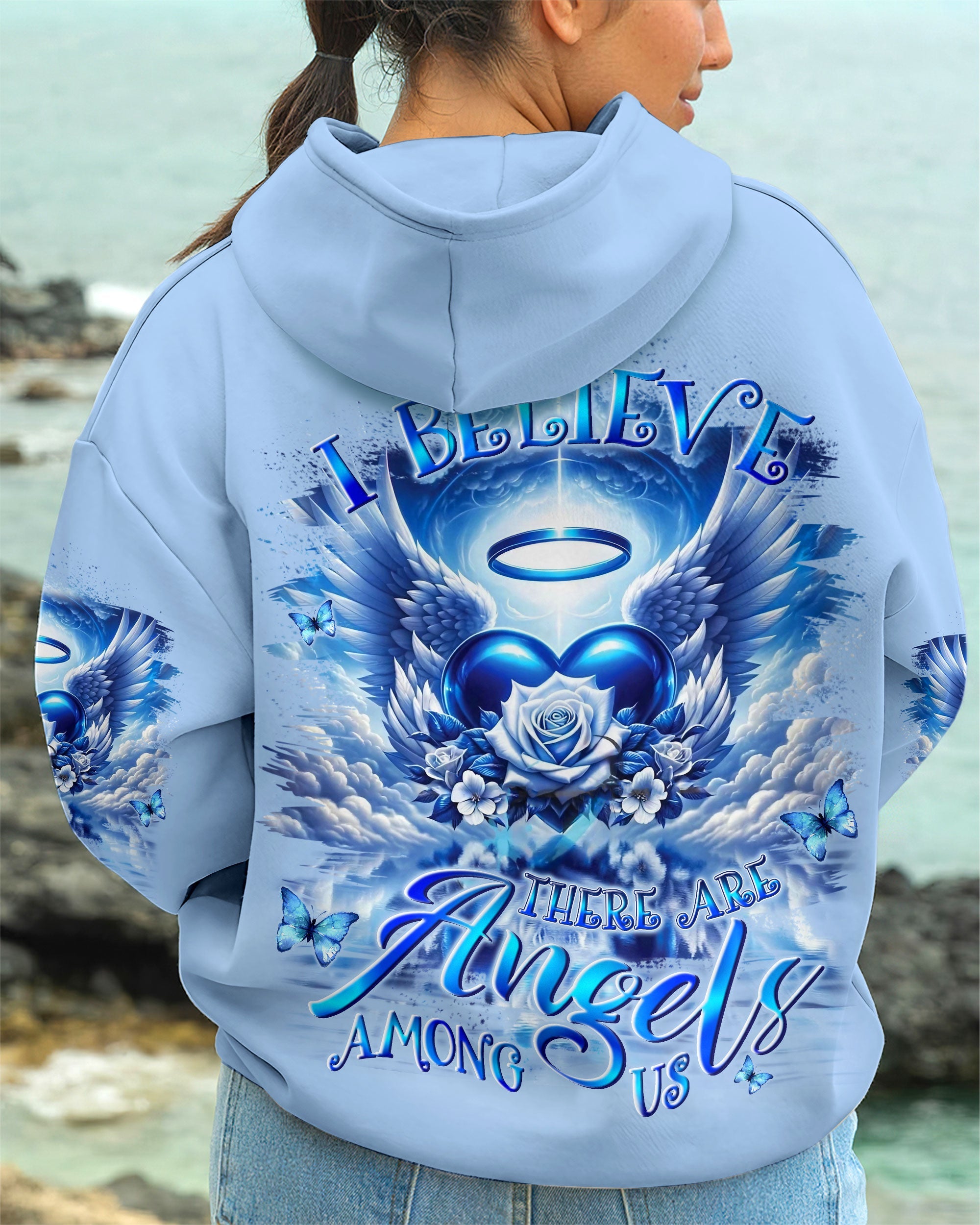 I Believe There Are Angels Among Us Blue Angel Wings and Halo Heart Design AOP Shirts _7_ wSsQ1
