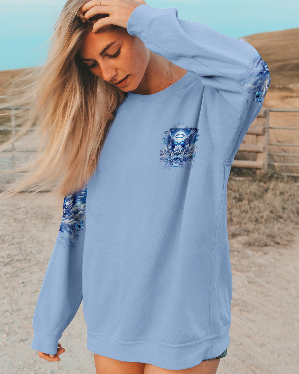 I Believe There Are Angels Among Us Blue Angel Wings and Halo Heart Design AOP Shirts _8_ ZDXfN