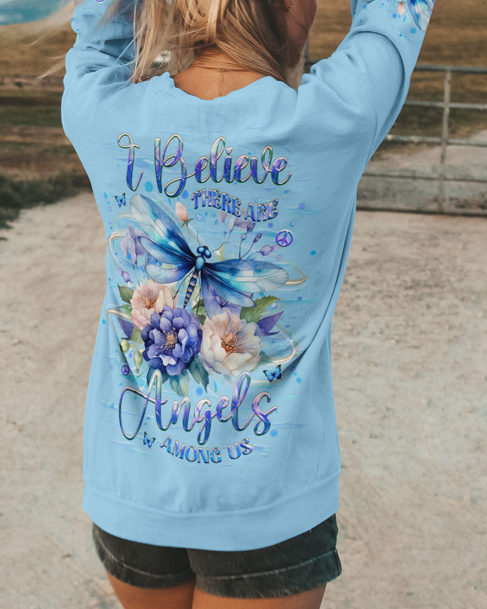 I Believe There Are Angels Among Us Blue Dragonfly with Peony AOP Shirts _3_ KwOXd