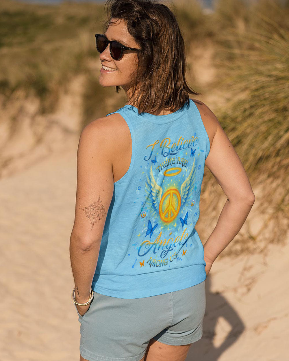 I Believe There Are Angels Among Us Blue Peace Symbol Design for Women AOP Shirts _13_ k3Pqr