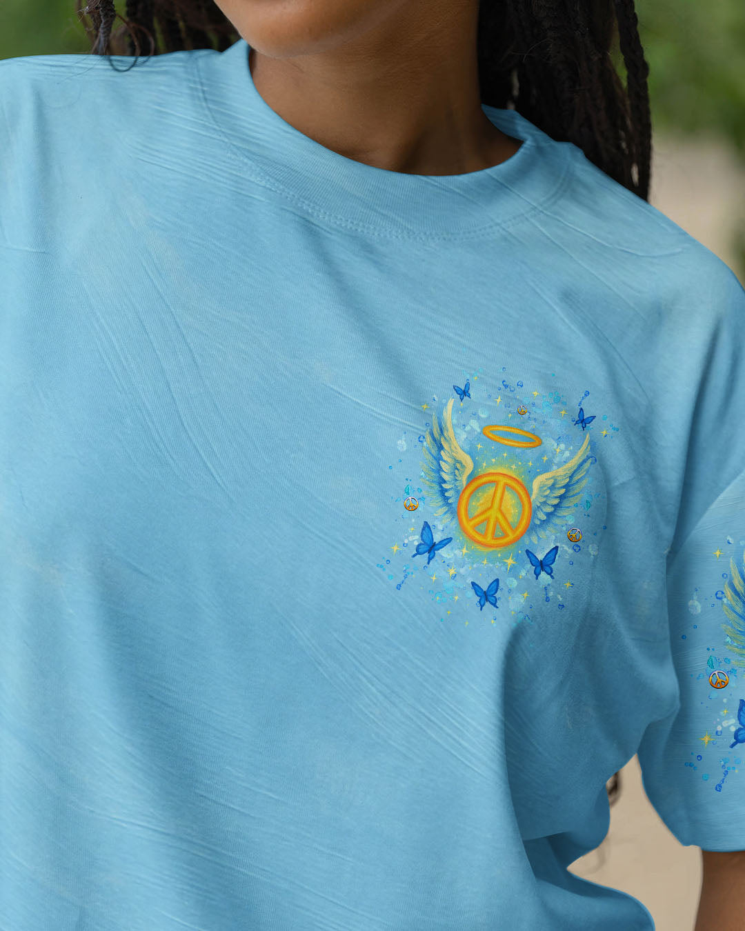 I Believe There Are Angels Among Us Blue Peace Symbol Design for Women AOP Shirts _2_ 5eSa7